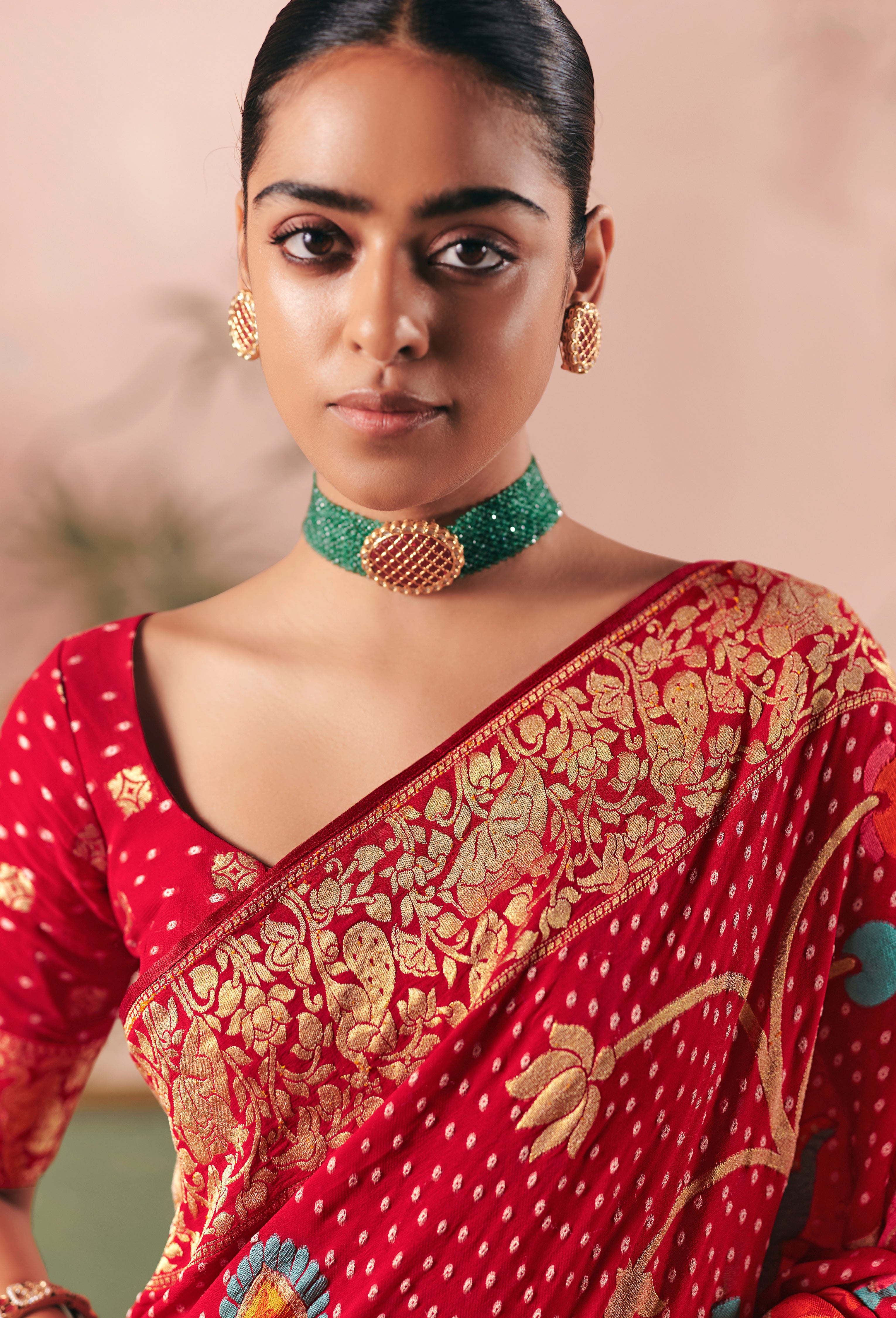 Red Saree With Designer Bandhej Weaving Work With Beutifull Tassles Attached