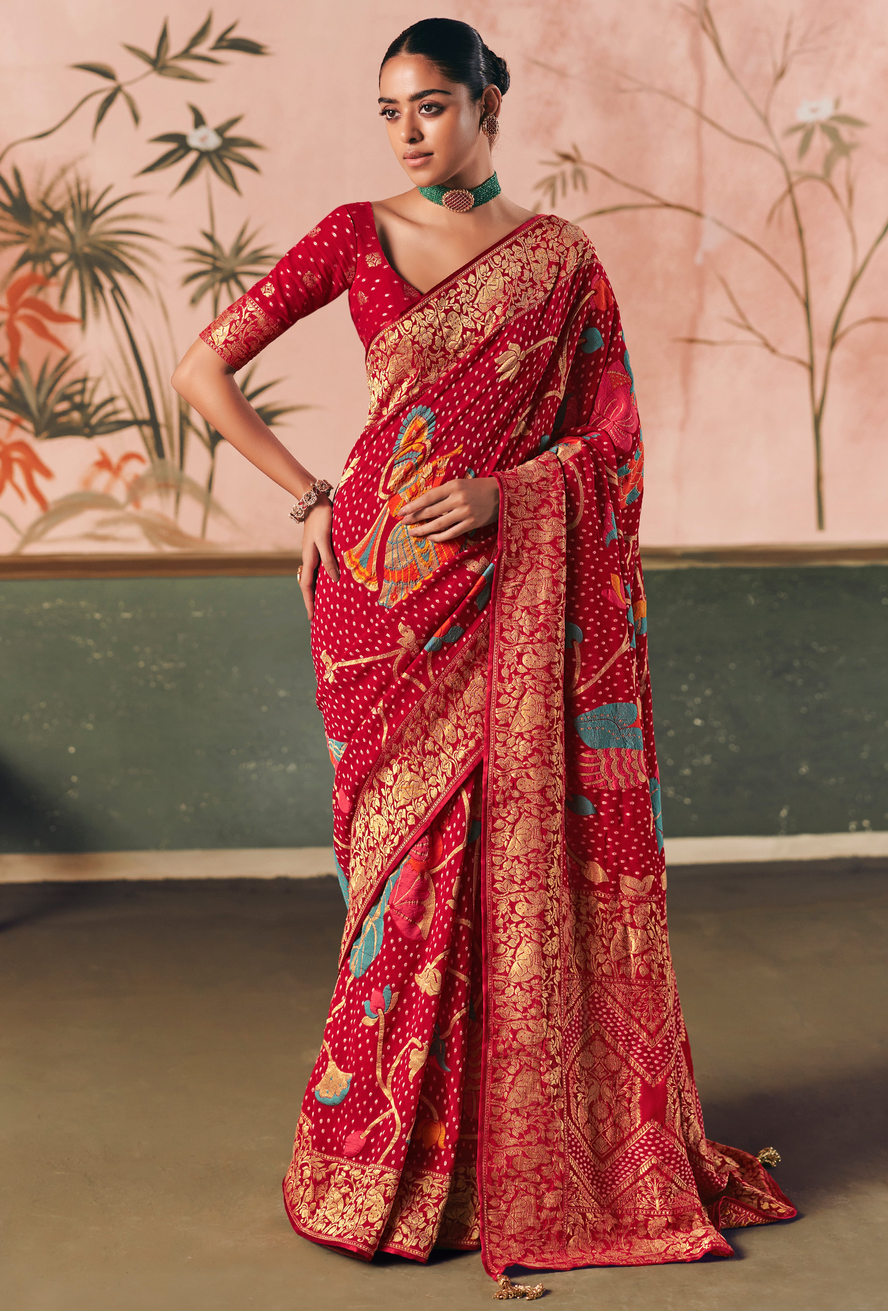 Red Saree With Designer Bandhej Weaving Work With Beutifull Tassles Attached