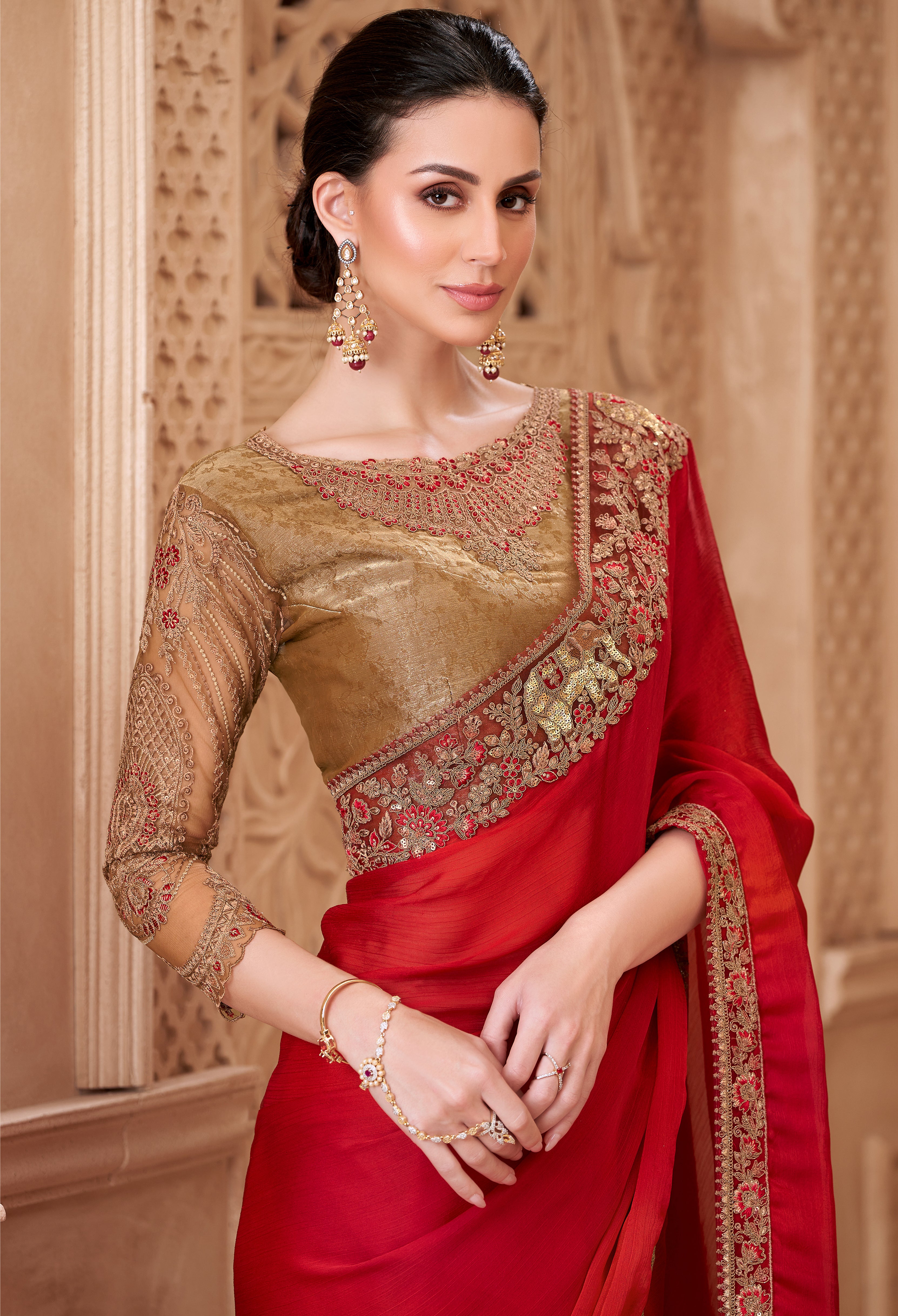 Red Saree With Heavy Thread Embroidery Sequins Border Work With Embroidery Blouse