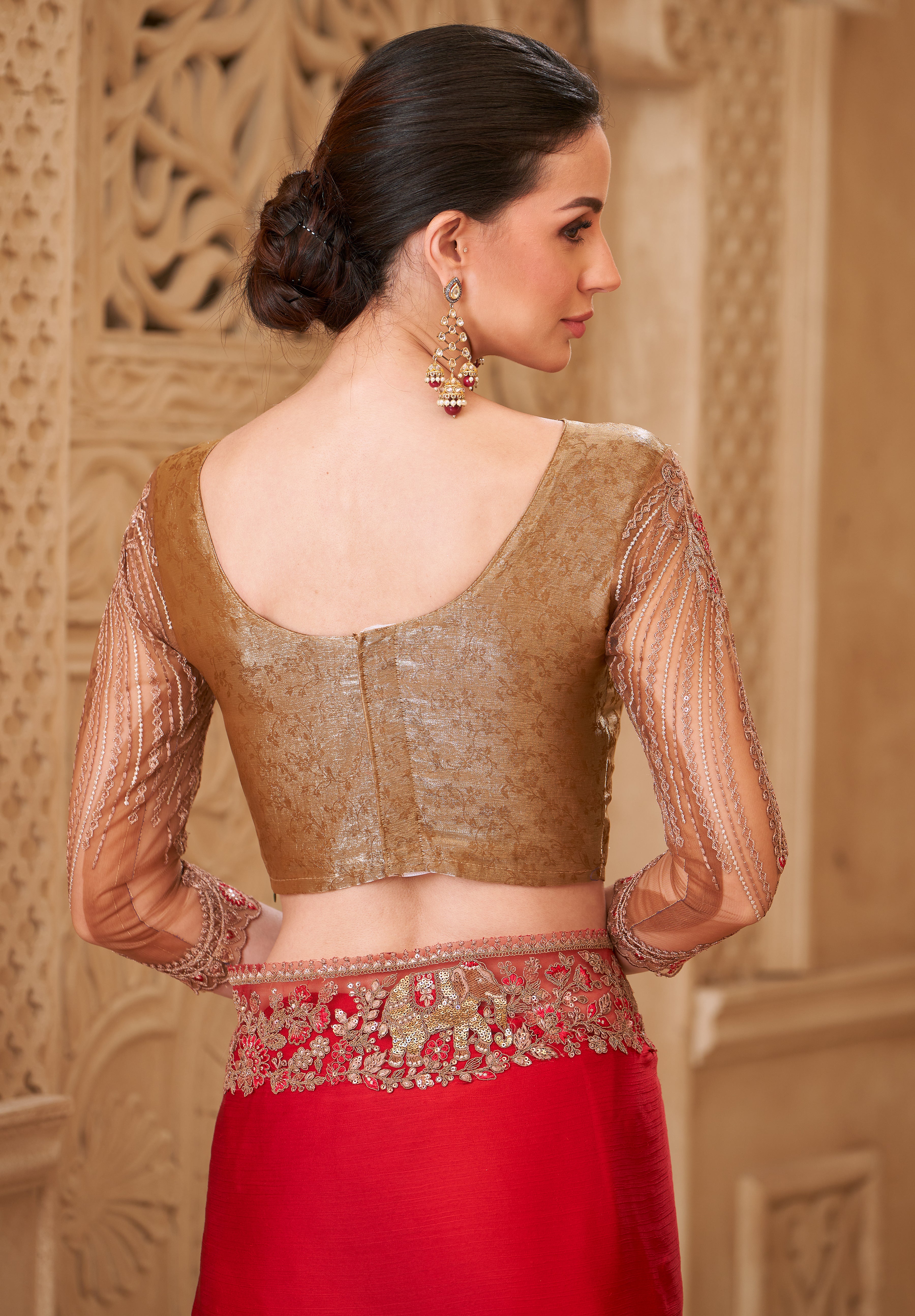 Red Saree With Heavy Thread Embroidery Sequins Border Work With Embroidery Blouse