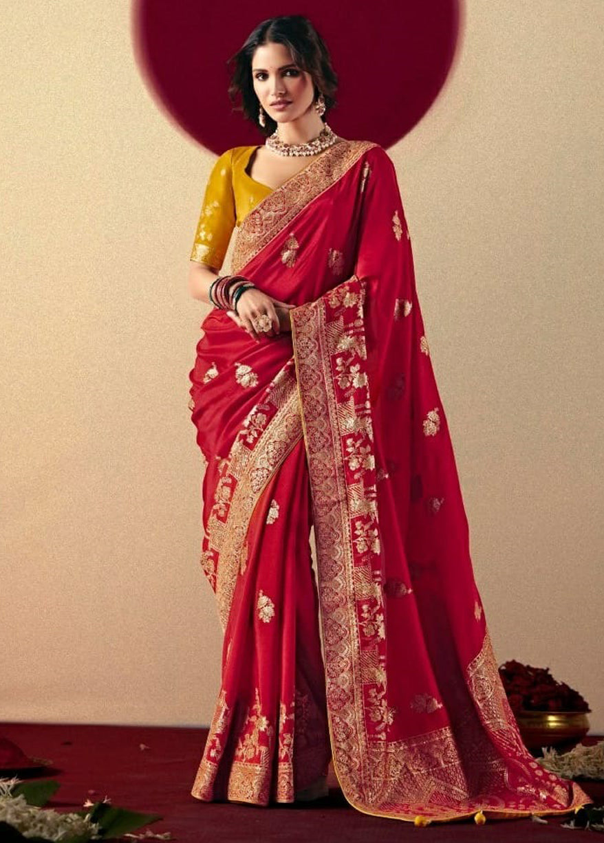 Red Saree With Jacquard Woven Work