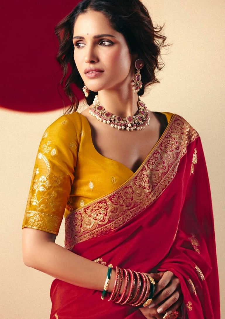 Red Saree With Jacquard Woven Work
