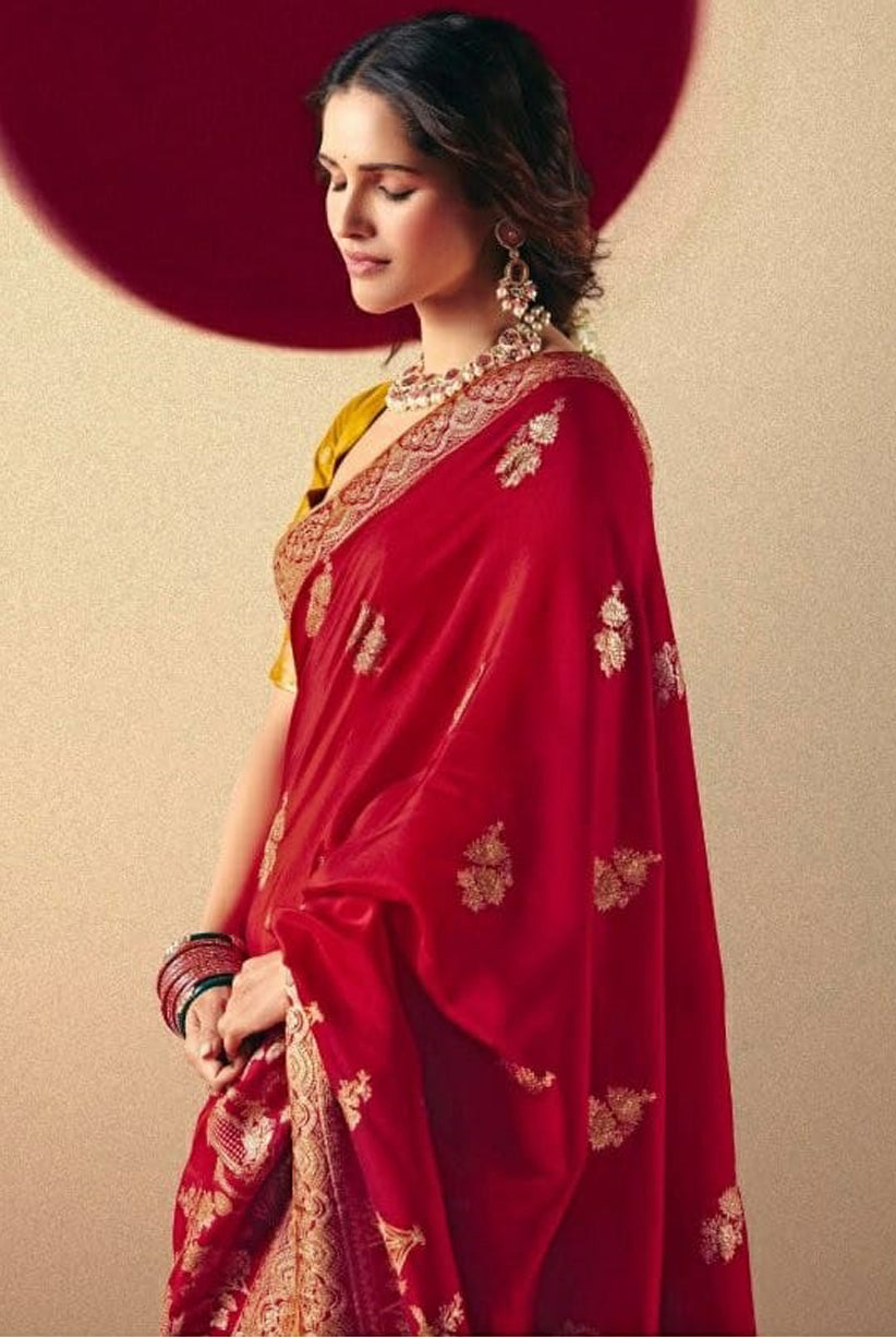 Red Saree With Jacquard Woven Work