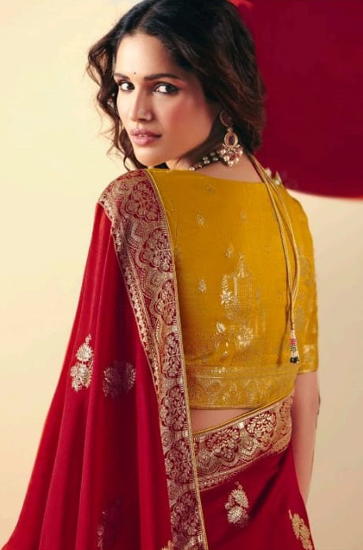 Red Saree With Jacquard Woven Work
