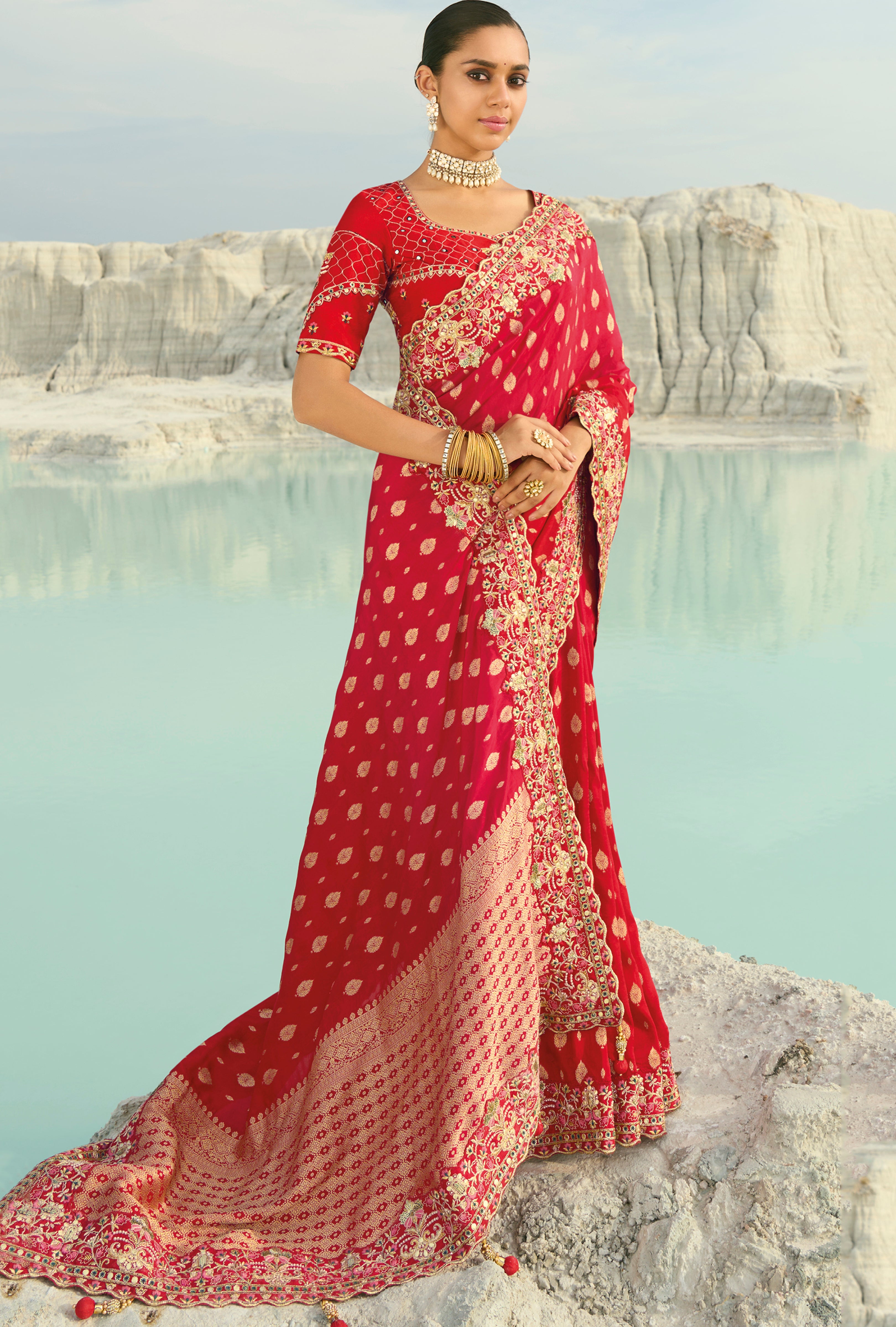 Red Saree With Jari, Thread, Moti With Cut-Dana Heavy Work