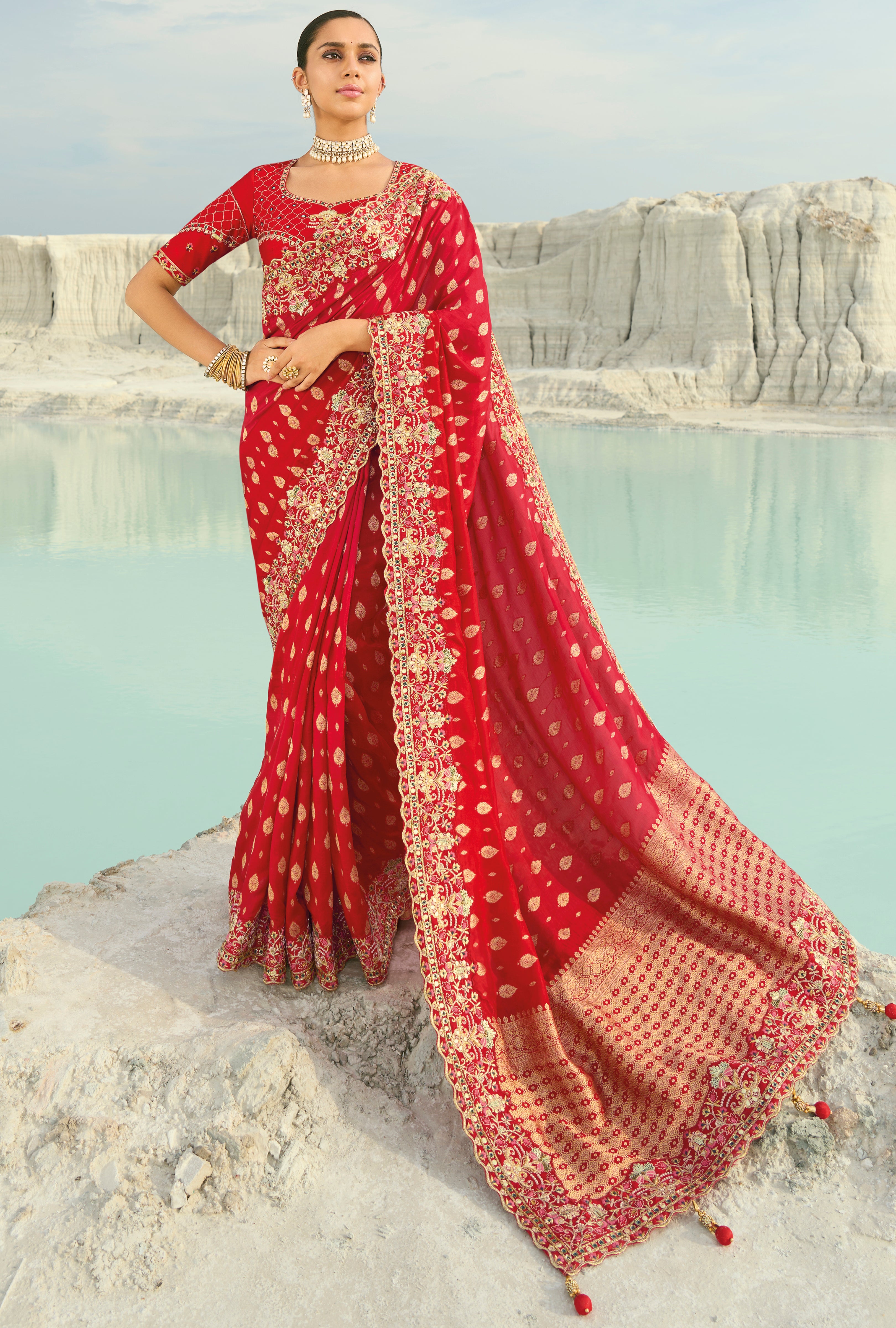 Red Saree With Jari, Thread, Moti With Cut-Dana Heavy Work