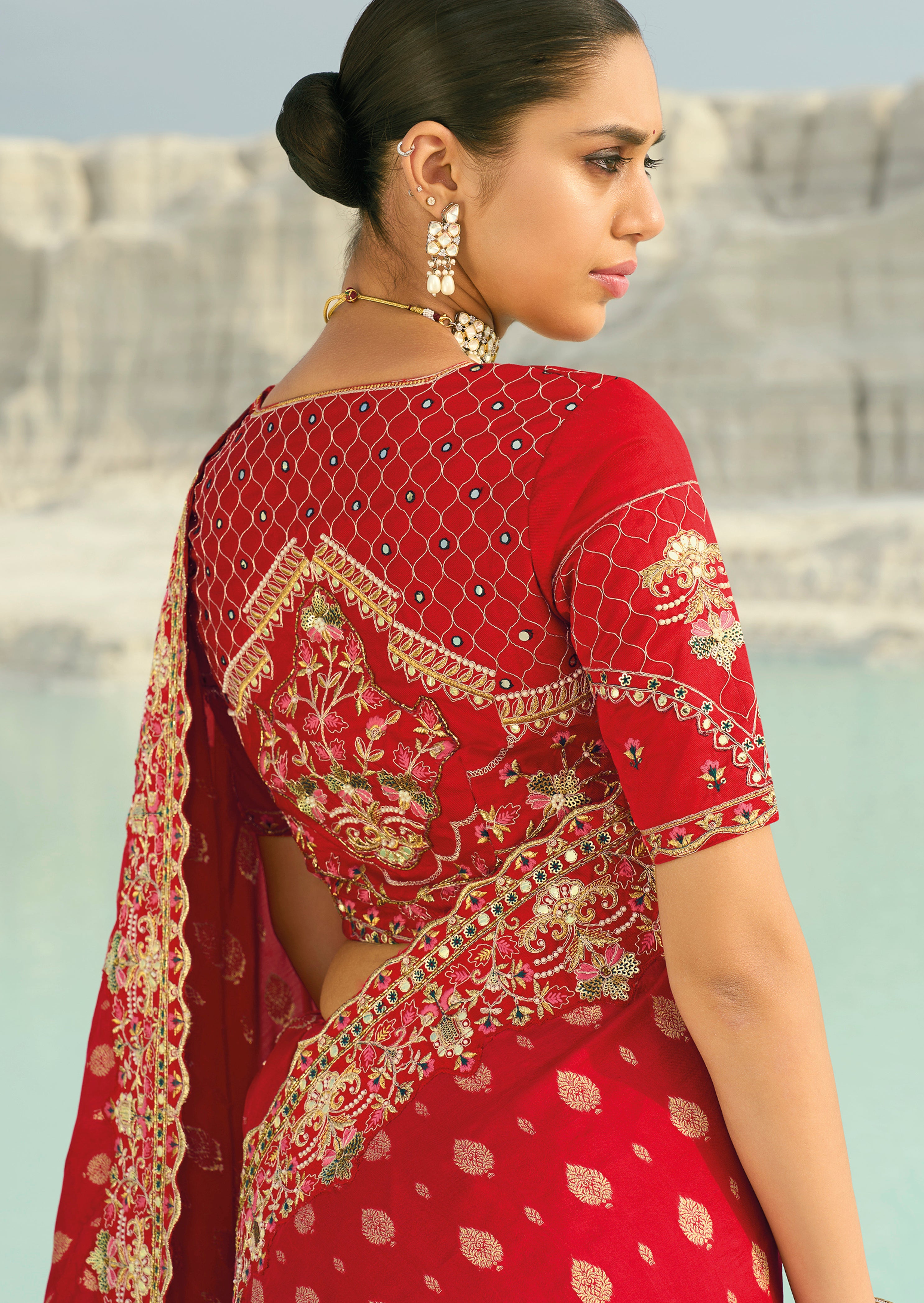 Red Saree With Jari, Thread, Moti With Cut-Dana Heavy Work