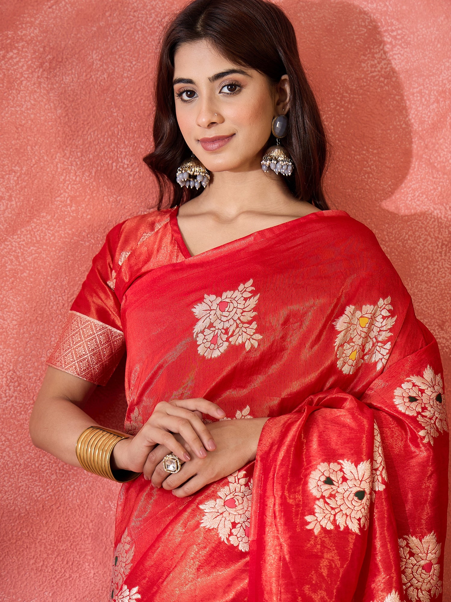 Red Shimmer Silk Woven Jacquard Designer Traditional Partywear Saree