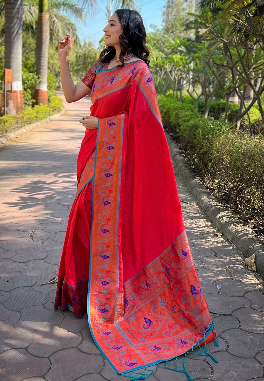 Red Silk Blend Paithani Saree