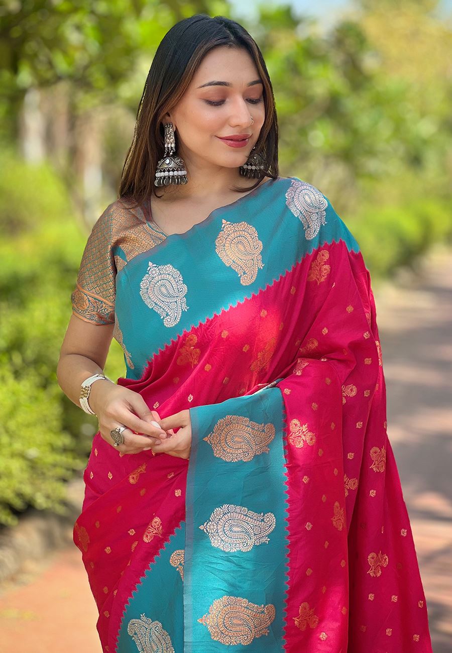 Red Silk Blend Saree With Floral Border Zari Woven Work