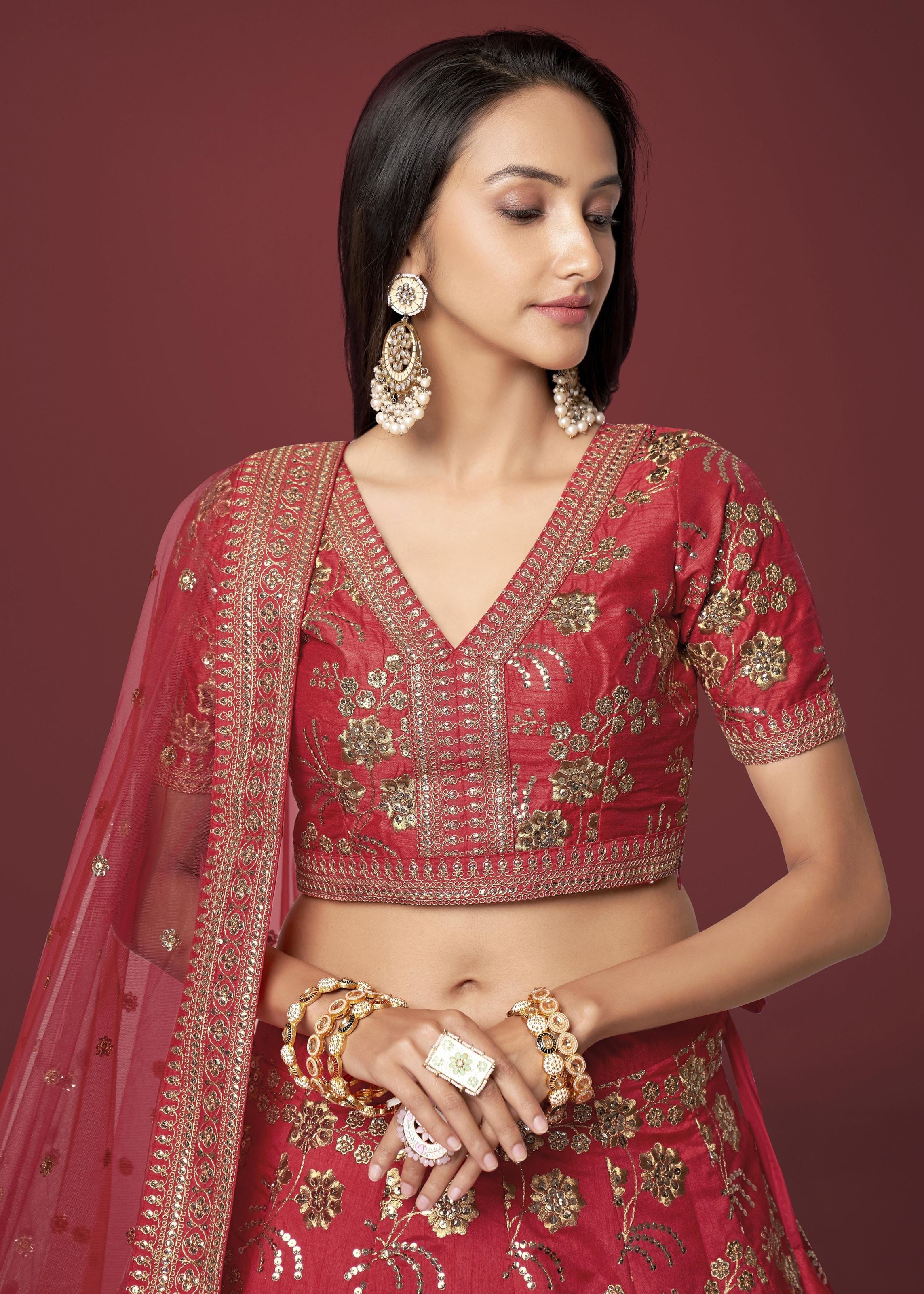 Red Slub Silk Lehenga Choli With Zari Sequins and Dori Embroidery Work