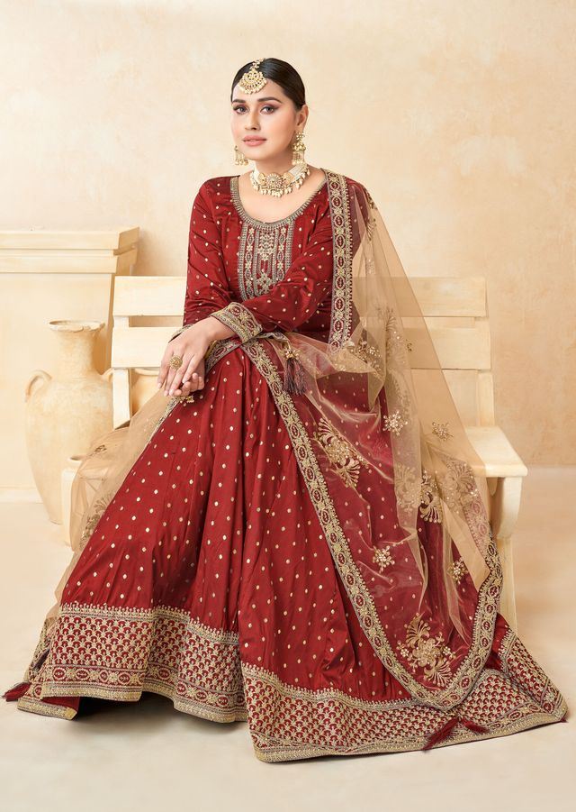 Red Taffeta Butti Heavy Thread Embroidery, Zari With Sequins Work Anarkali Suits