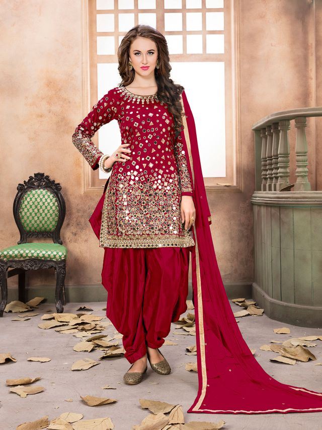 Red Taffeta Silk embroidered Patiala Suits