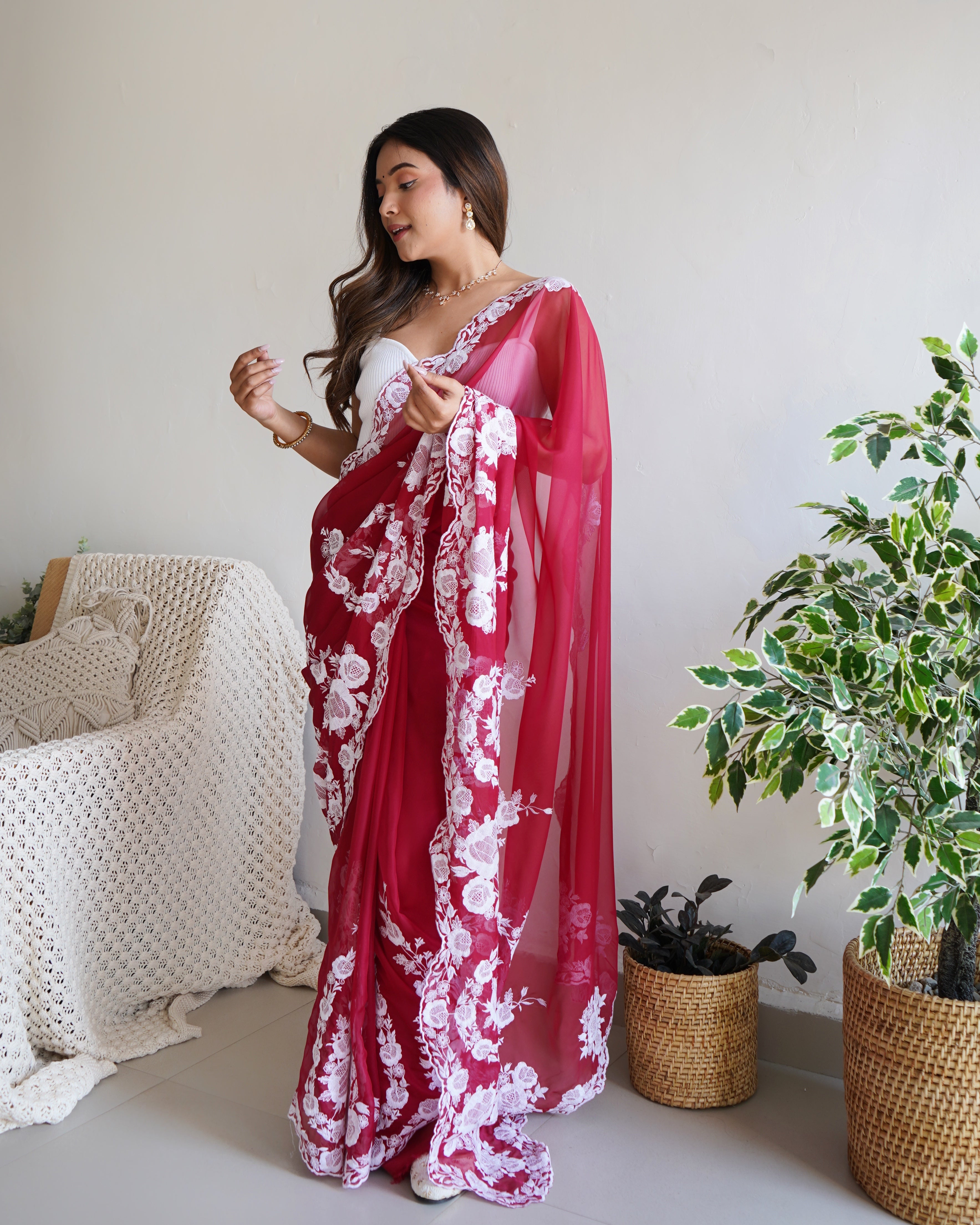 Red Thai Organza Silk Fancy Thread Embroidery With Cut Dana Work Saree
