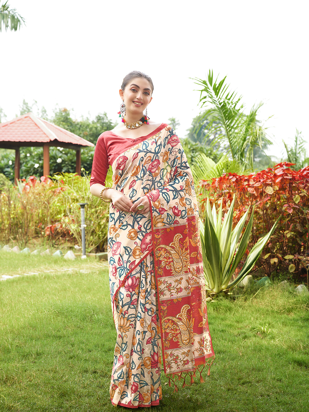 Red Tussar Silk Designer Kalamkari Printed Traditional Ethnic Indian Saree