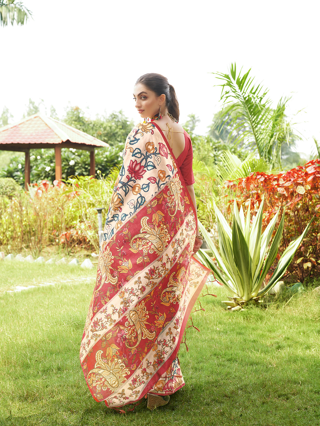 Red Tussar Silk Designer Kalamkari Printed Traditional Ethnic Indian Saree