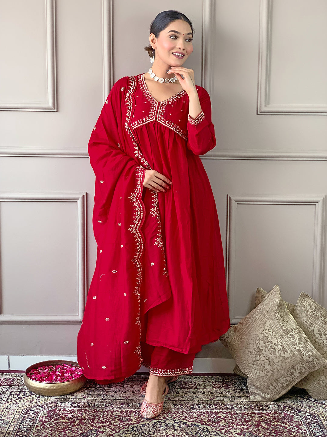 Red Vichitra Silk Elegant Kurta Pant Set With Embroidery Work