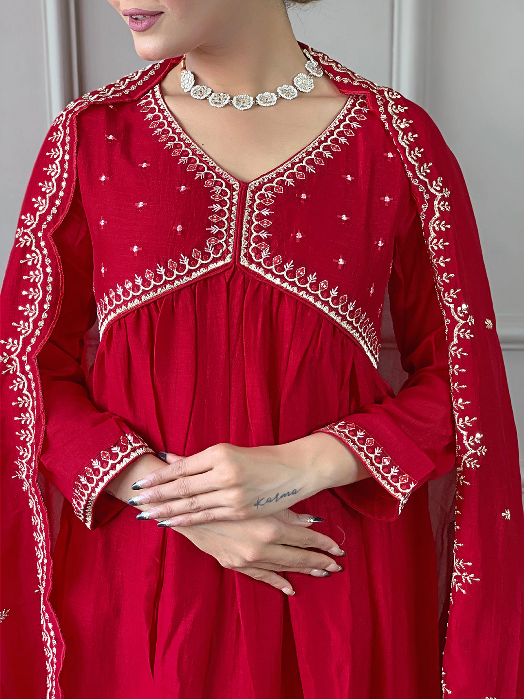 Red Vichitra Silk Elegant Kurta Pant Set With Embroidery Work