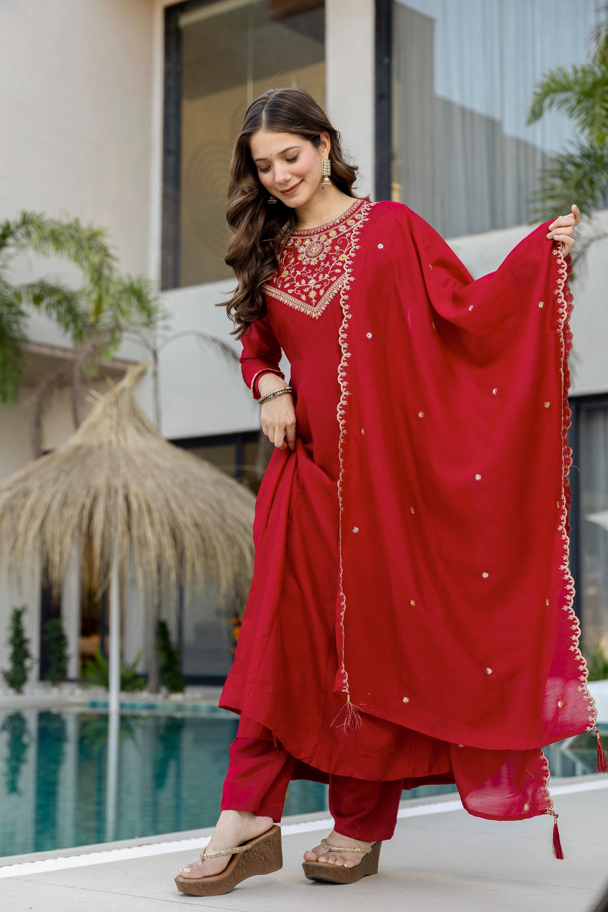 Red Vichitra Silk Kurta Pant Set With Heavy Thread Embroidery Work