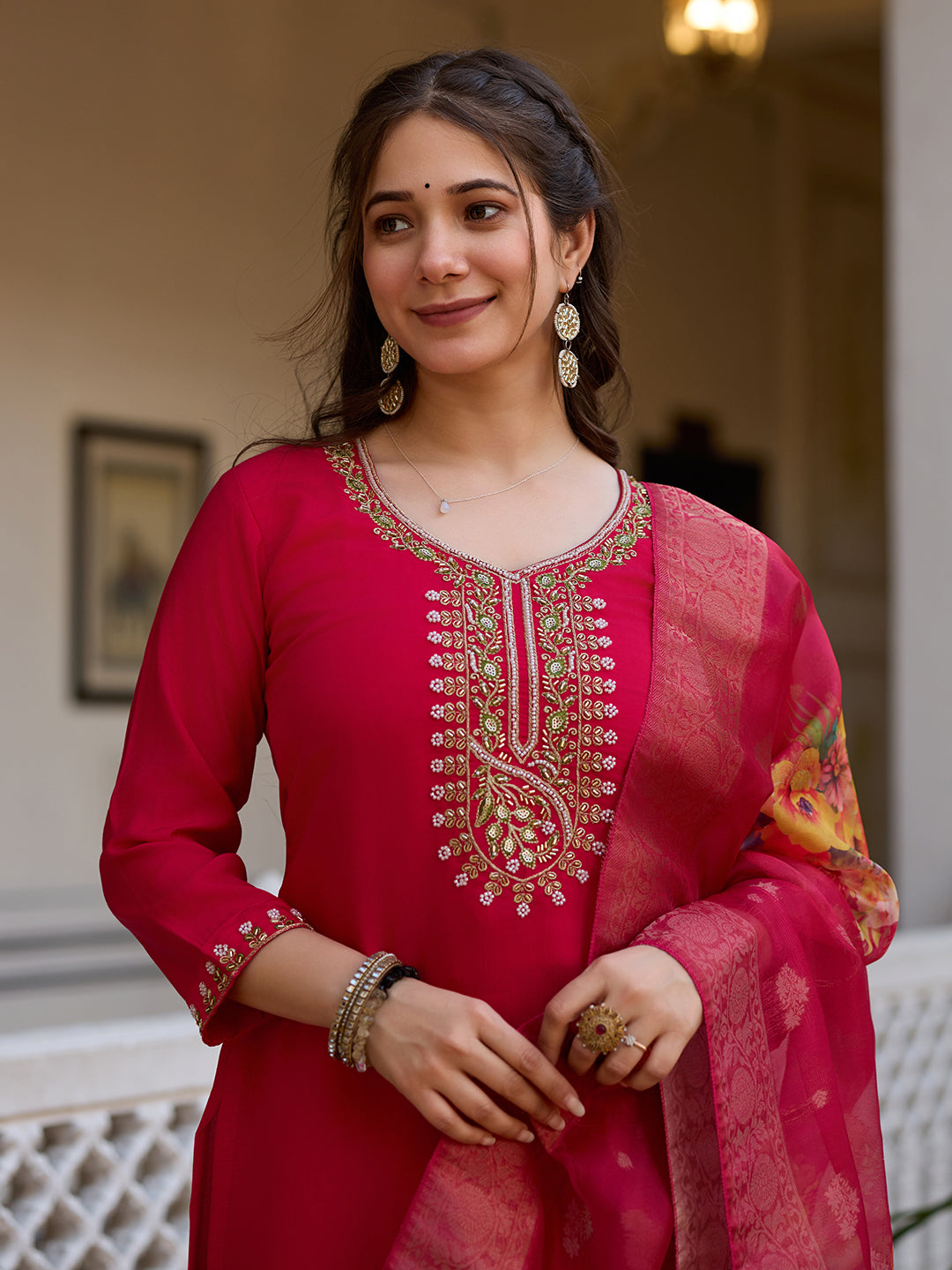 Red Viscose Chanderi Elegant Kurta Pant Set With Embroidery Work