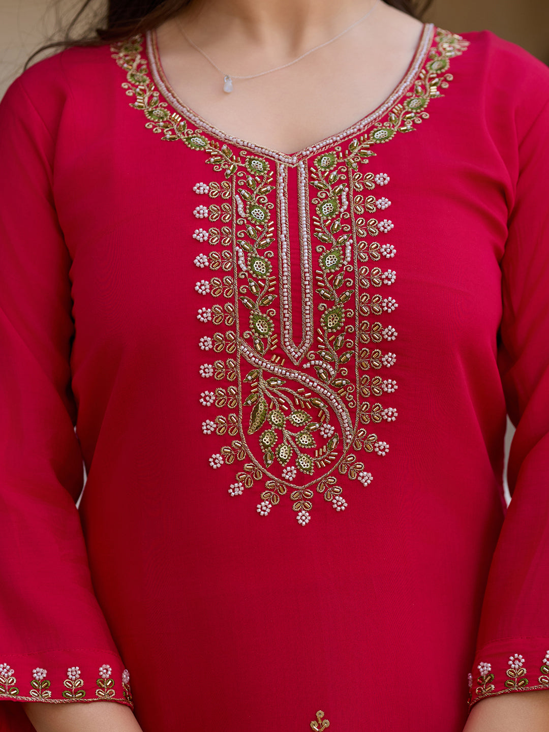 Red Viscose Chanderi Elegant Kurta Pant Set With Embroidery Work