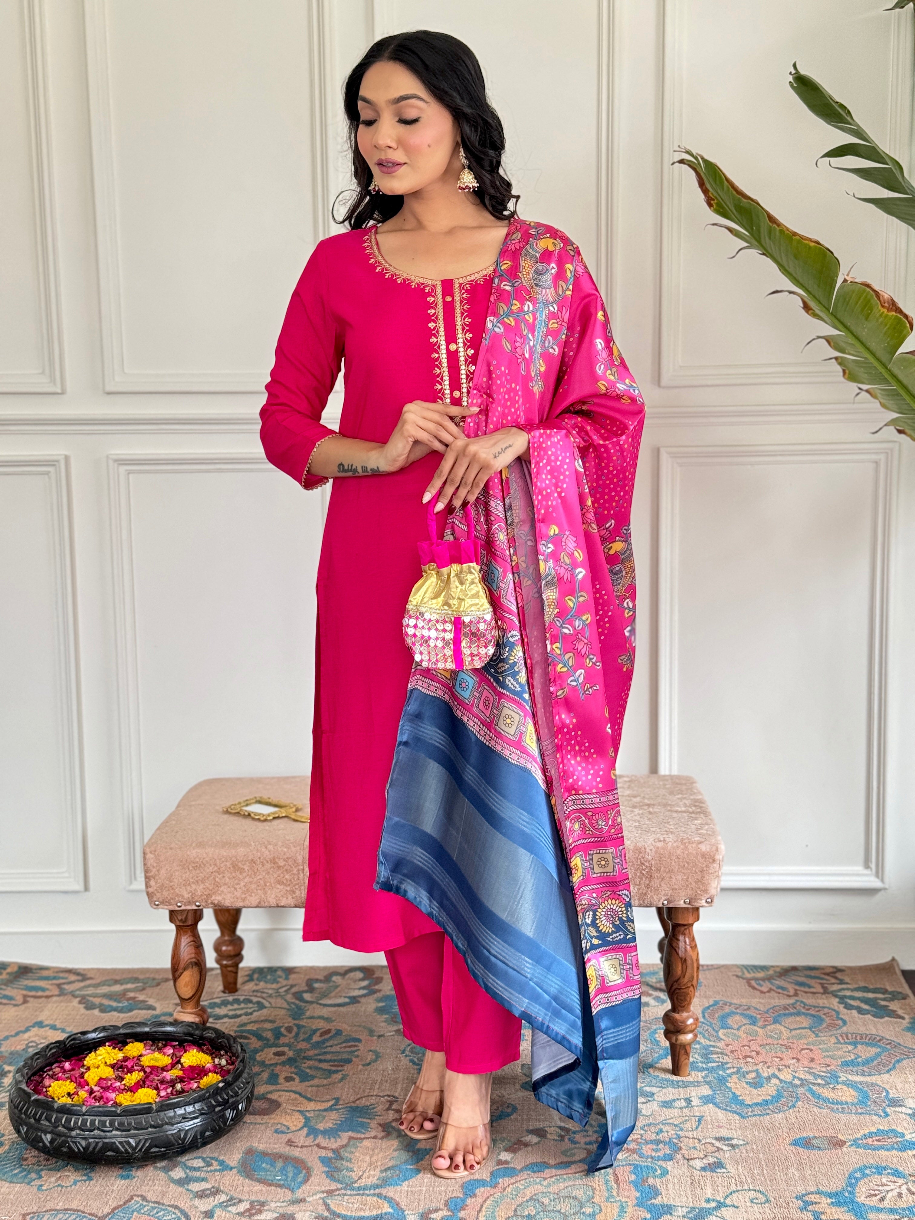 Red Viscose Elegant Kurta Pant Set With Embroidery Work
