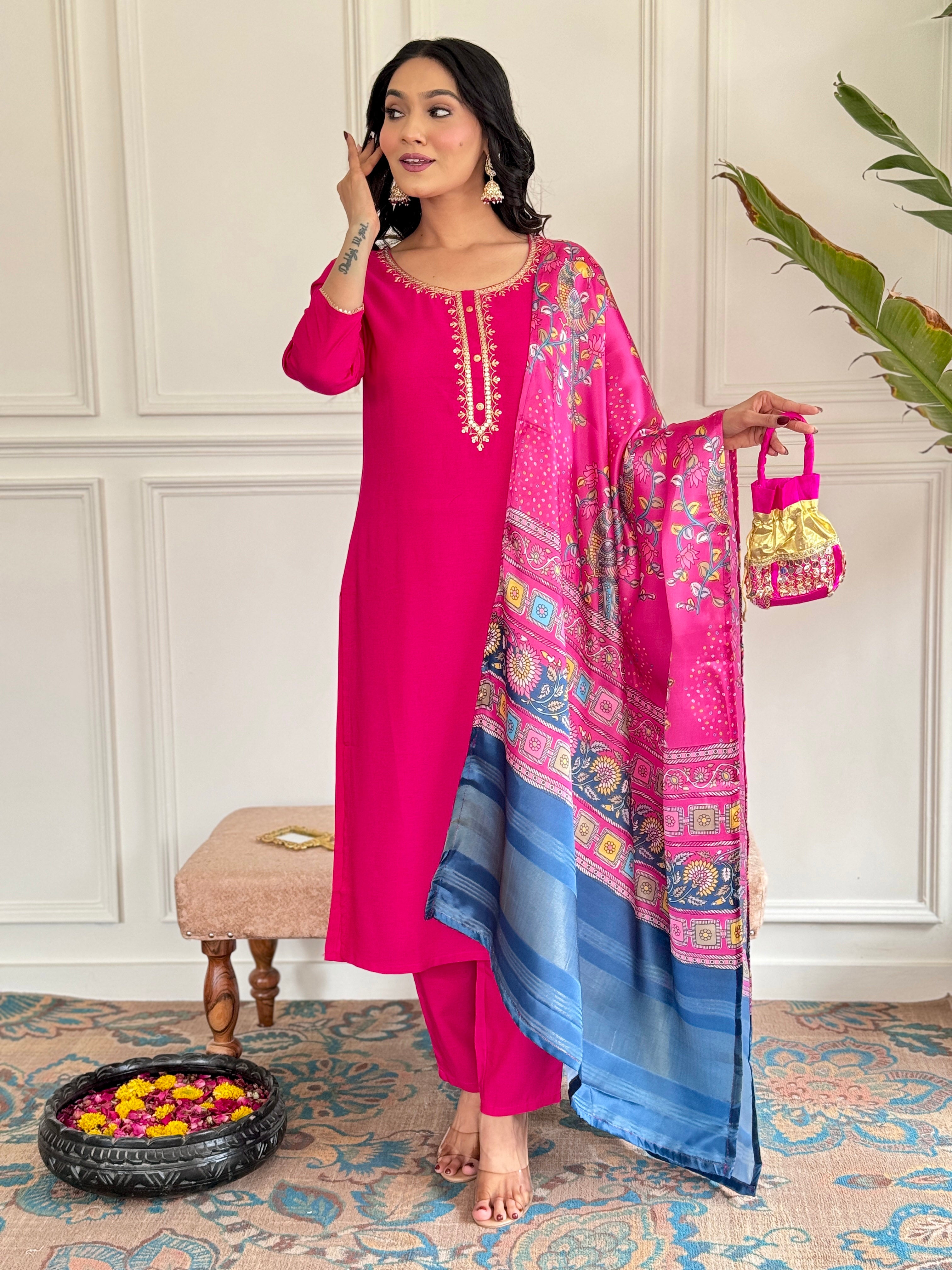 Red Viscose Elegant Kurta Pant Set With Embroidery Work