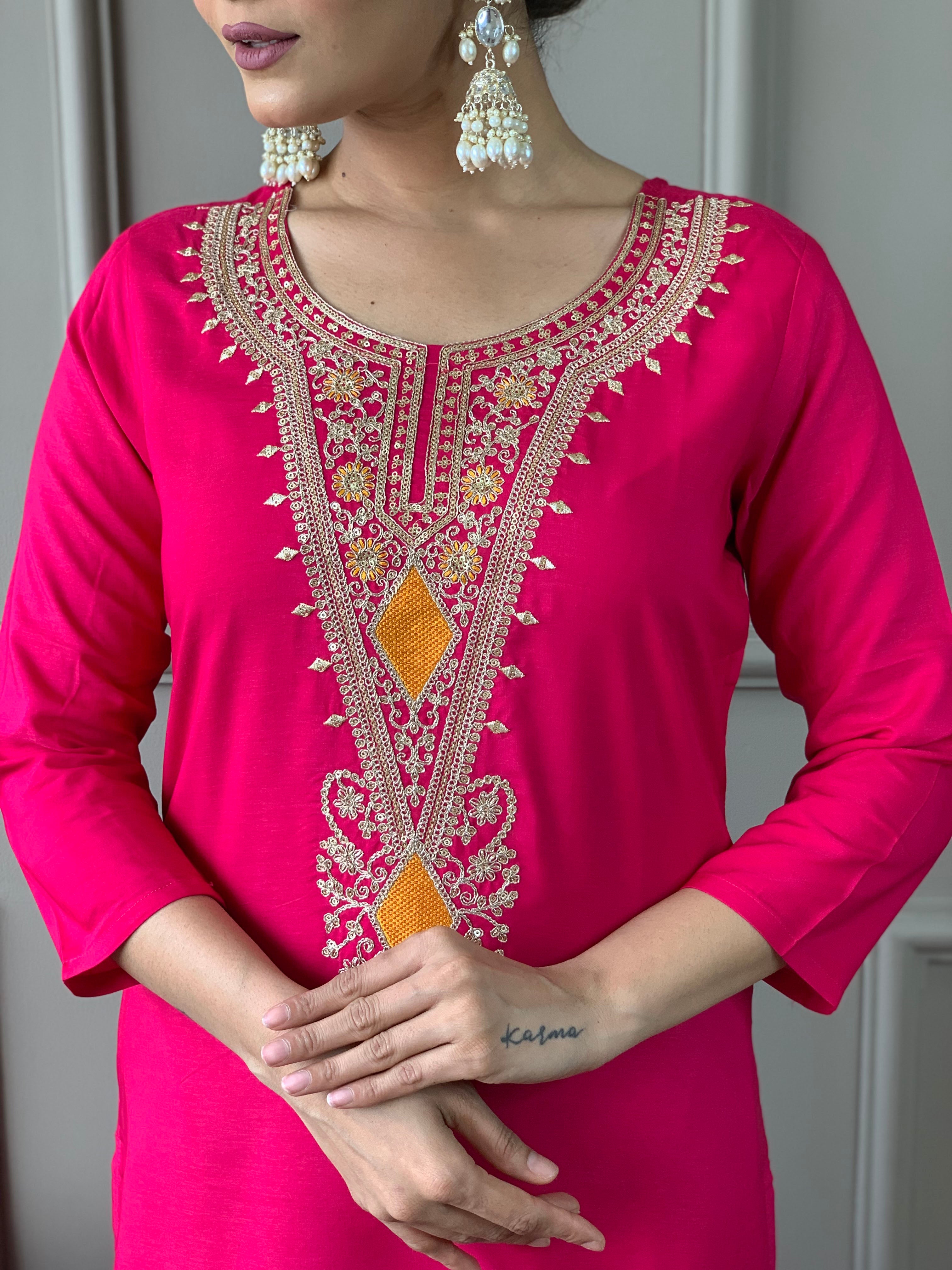 Red Viscose Silk Elegant Kurta Pant Set With Embroidery Work