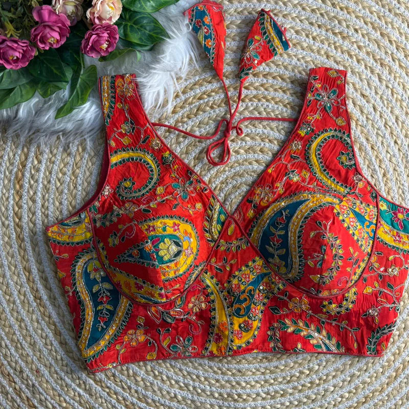 Red Womens Designer Heavy Work Saree Blouse Pure Crepe Partywear Readymade Blouse