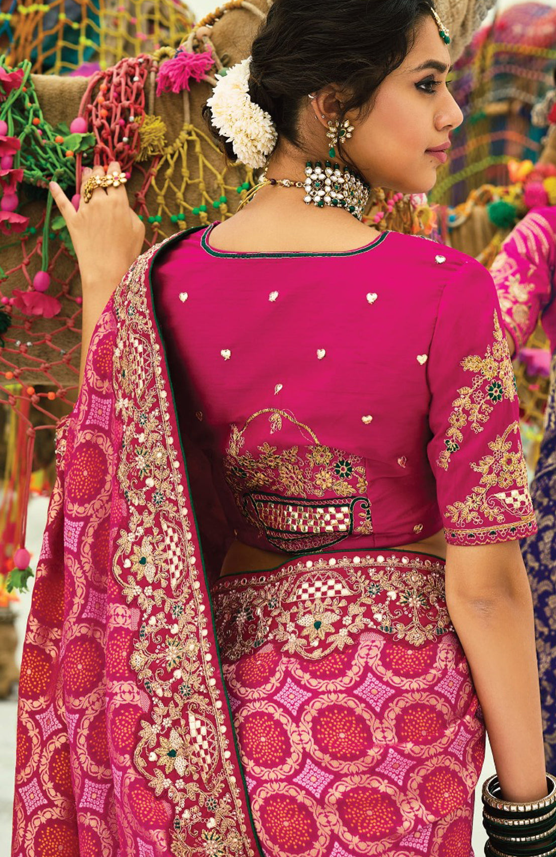 Red & Rani Bandhej Saree with Heavy Hand Work Border With Embroidery Blouse