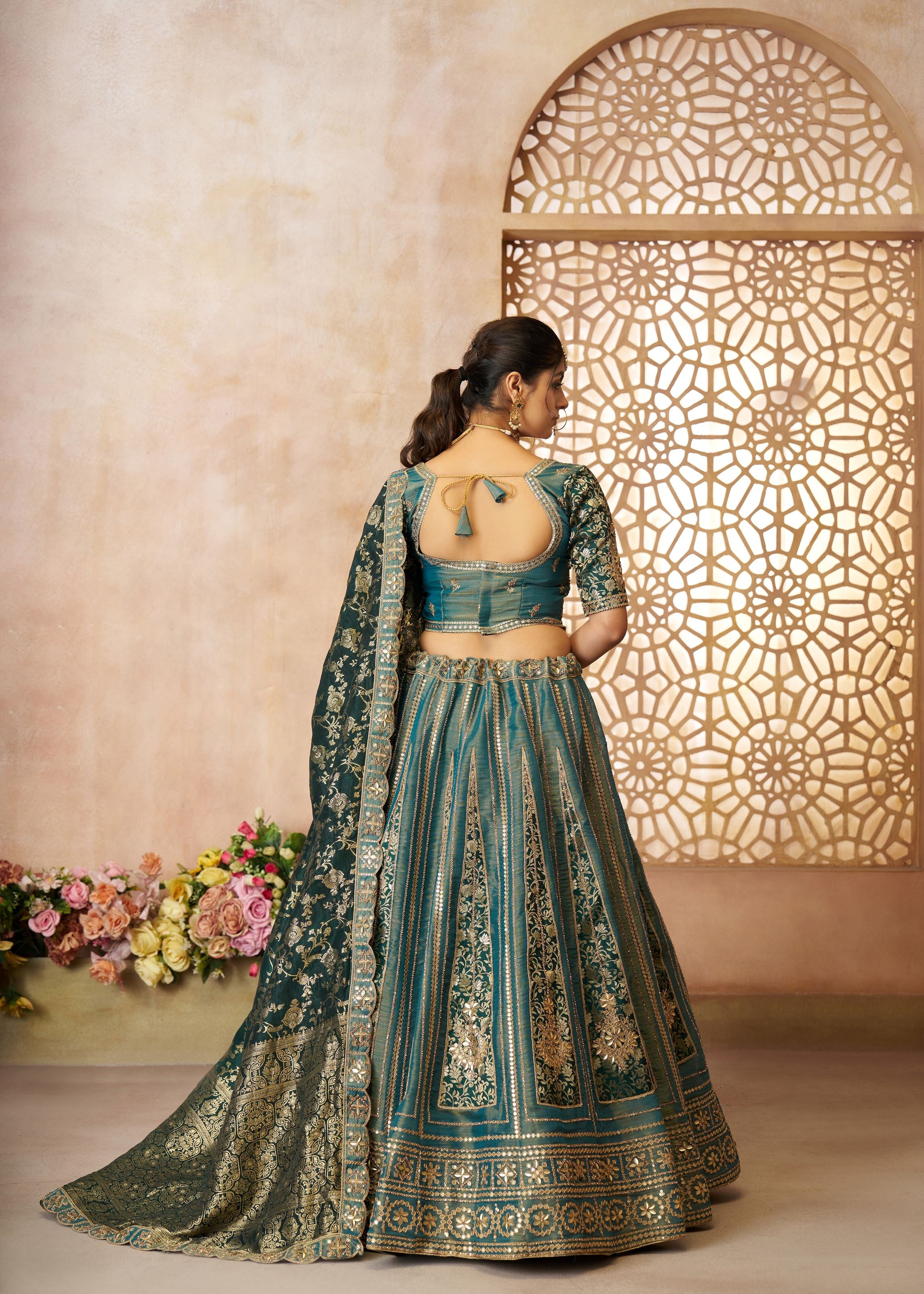 Regal Green Tissue Base, Banarasi Patches and Zari Work Designer Lehenga