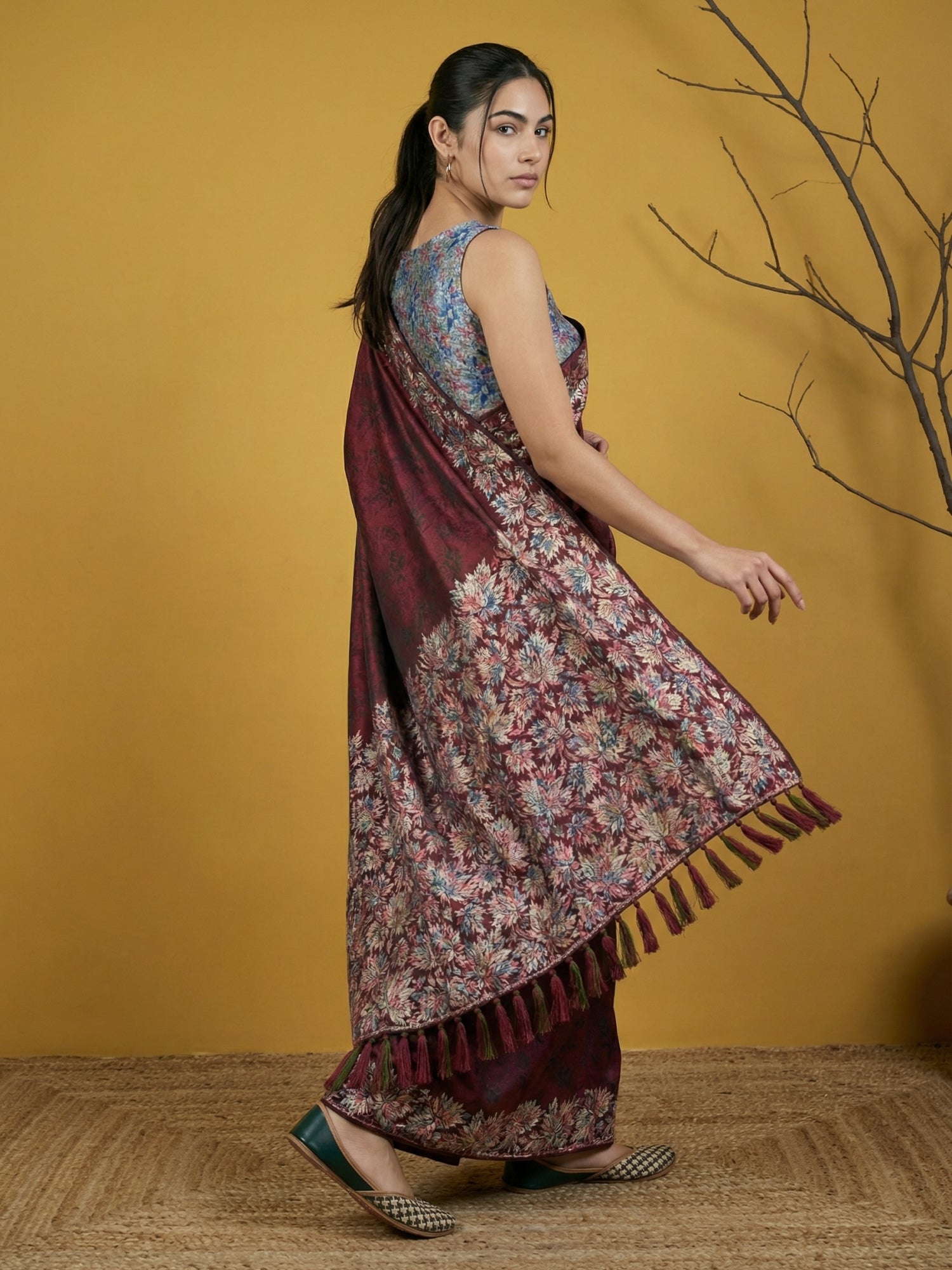 Regal Maroon Soft Silk Saree with Artistic Print & Woven Work