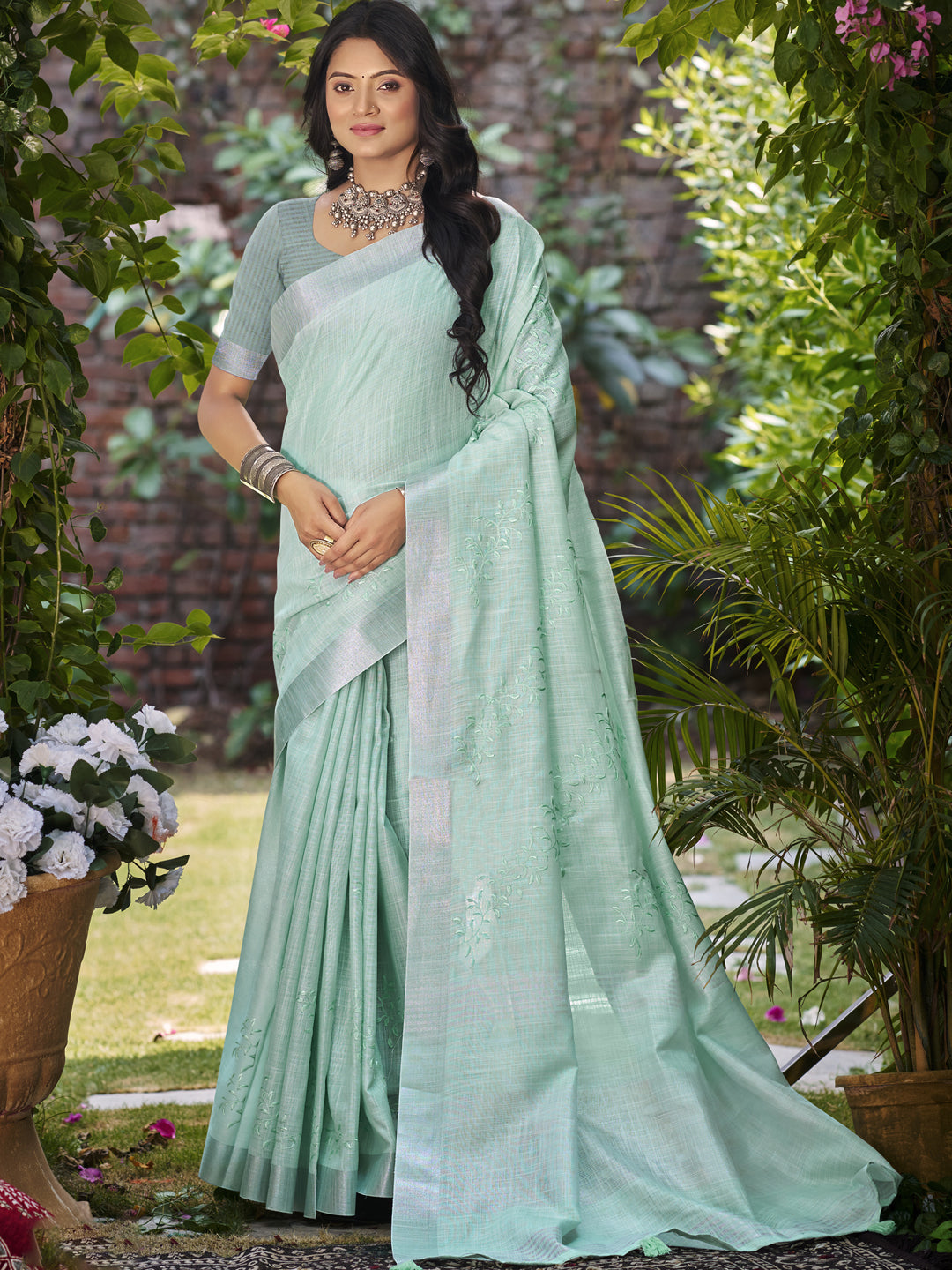 Resplendent Sea Green Linen Festival Saree for Women
