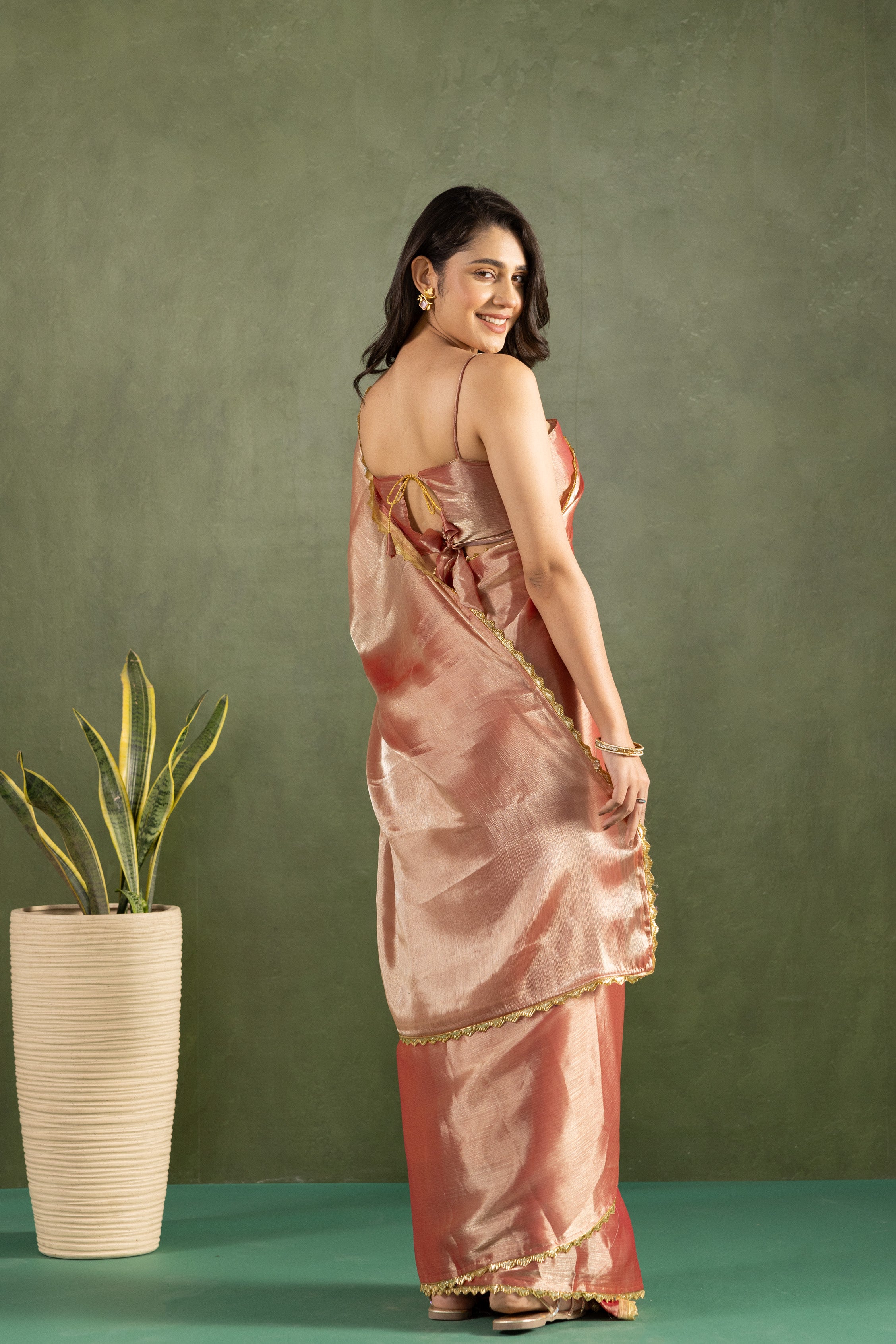 Rose Gold Chiffon Ready To Wear Designer Solid Partywear Saree