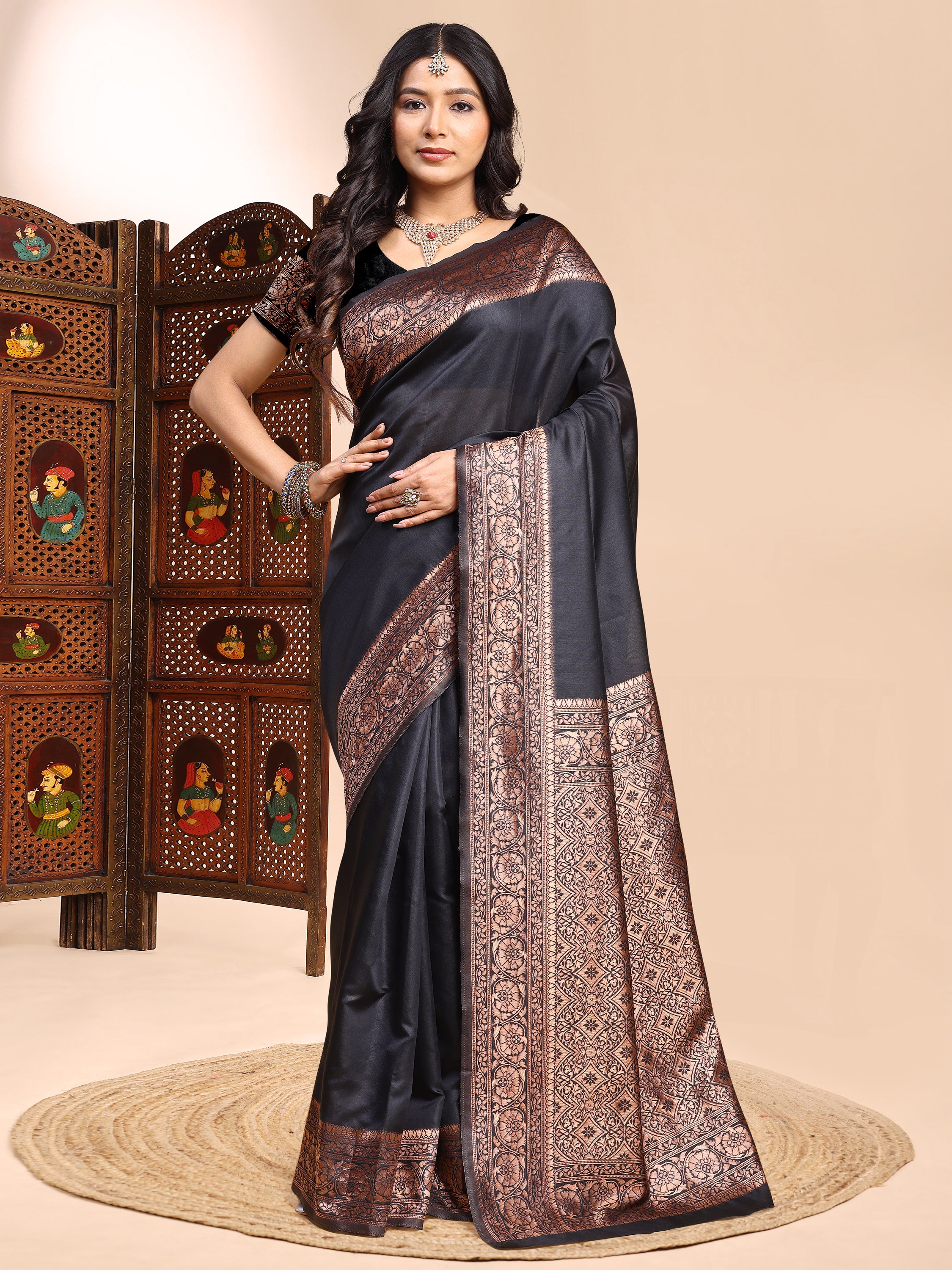 Royal Black Lichi Silk Saree with Premium Zari Weaving