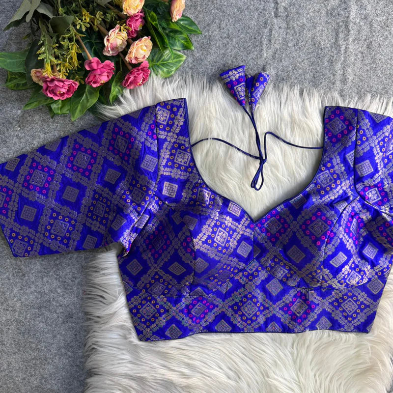 Royal Blue Banarasi Jacquard Patola Designer Blouse Silk Partywear Readymade Blouse