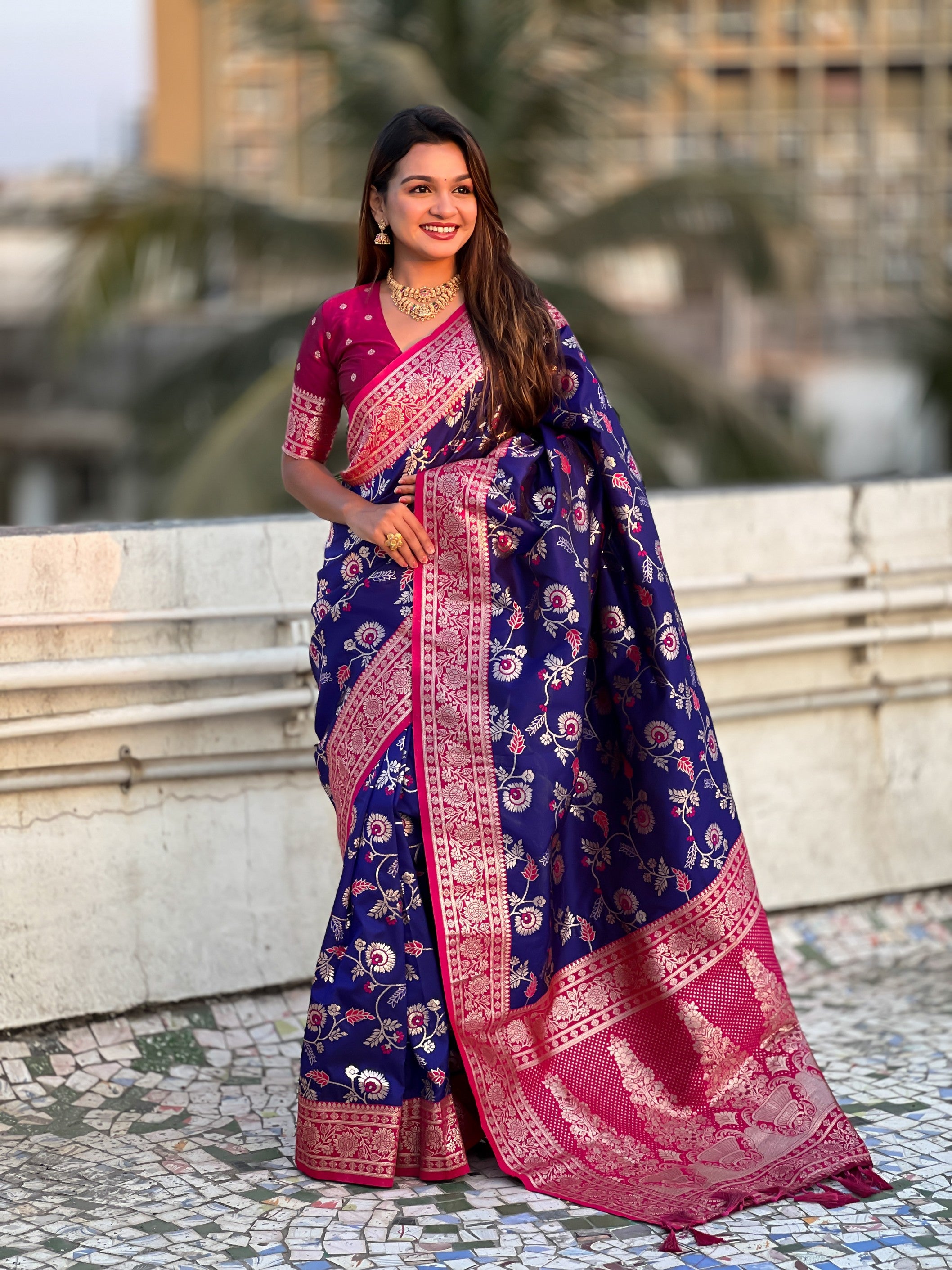 Royal Blue Banarasi Silk Weaving Meenakari Designer Heavy Looks Saree