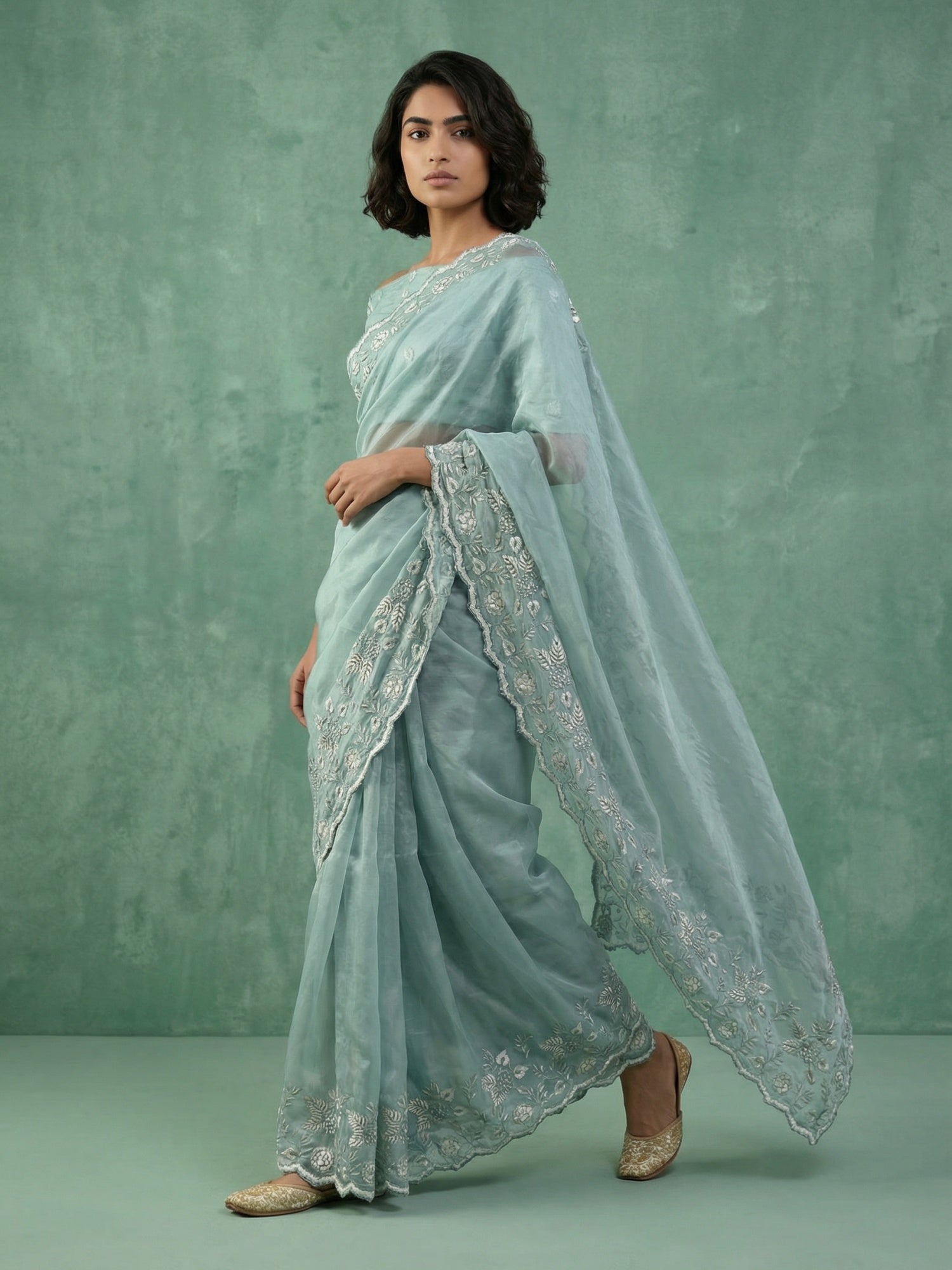 Royal Blue Chanda Silk Saree with Floral Thread Cut Work