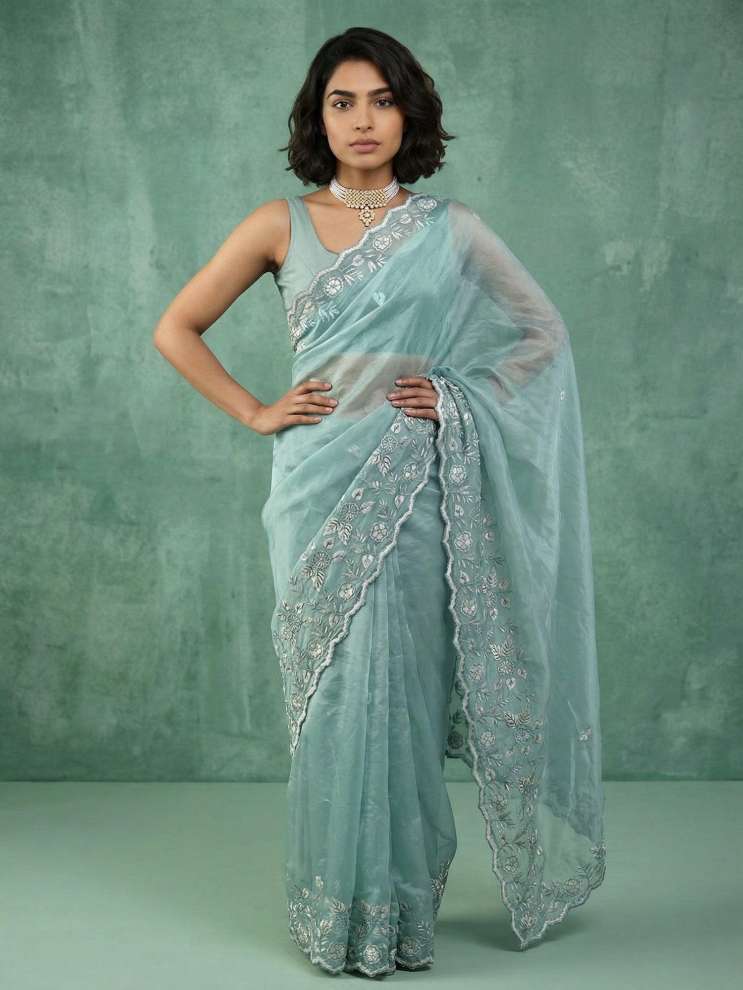 Royal Blue Chanda Silk Saree with Floral Thread Cut Work