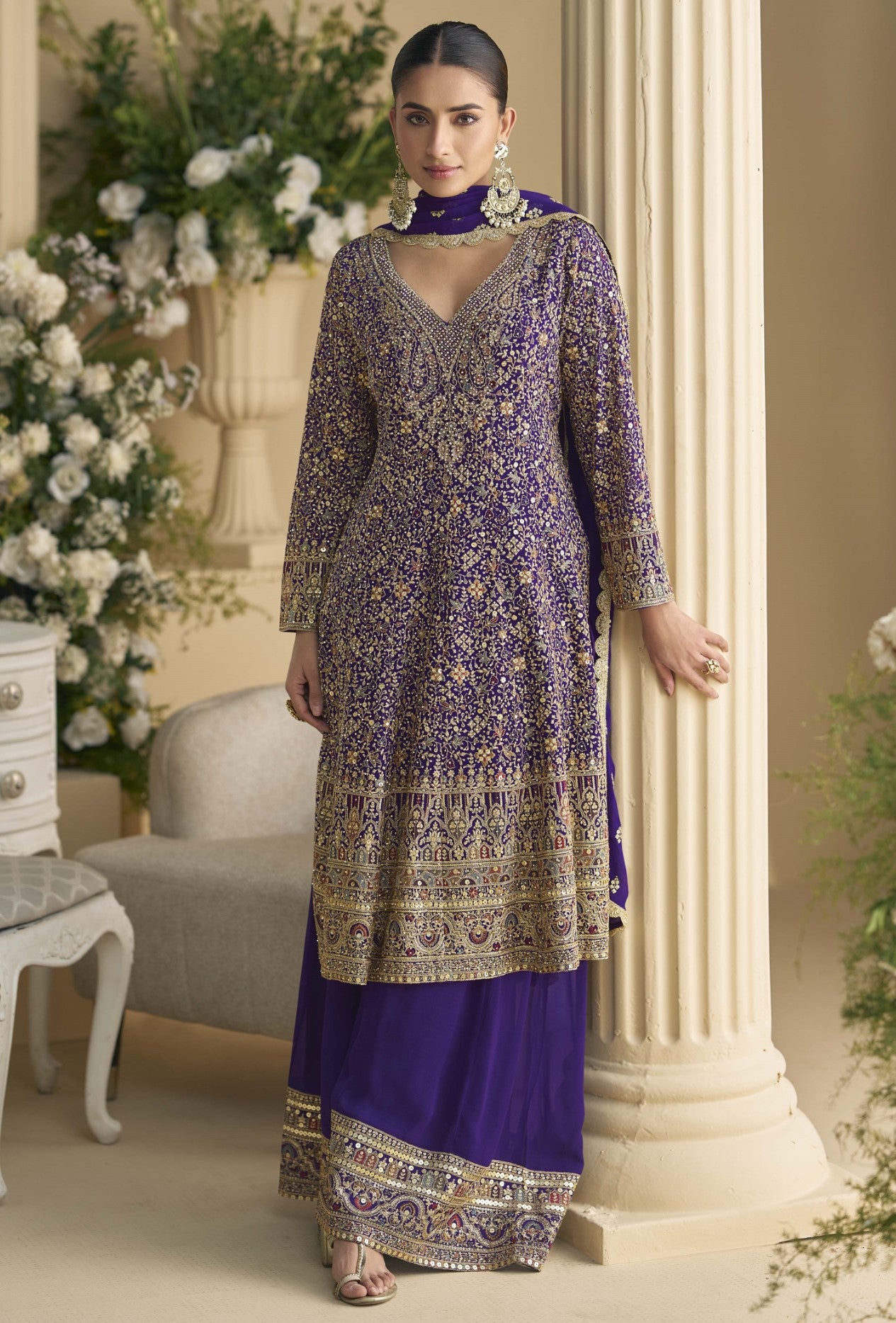Royal Blue Georgette Palazzo Suit With Seroski Work
