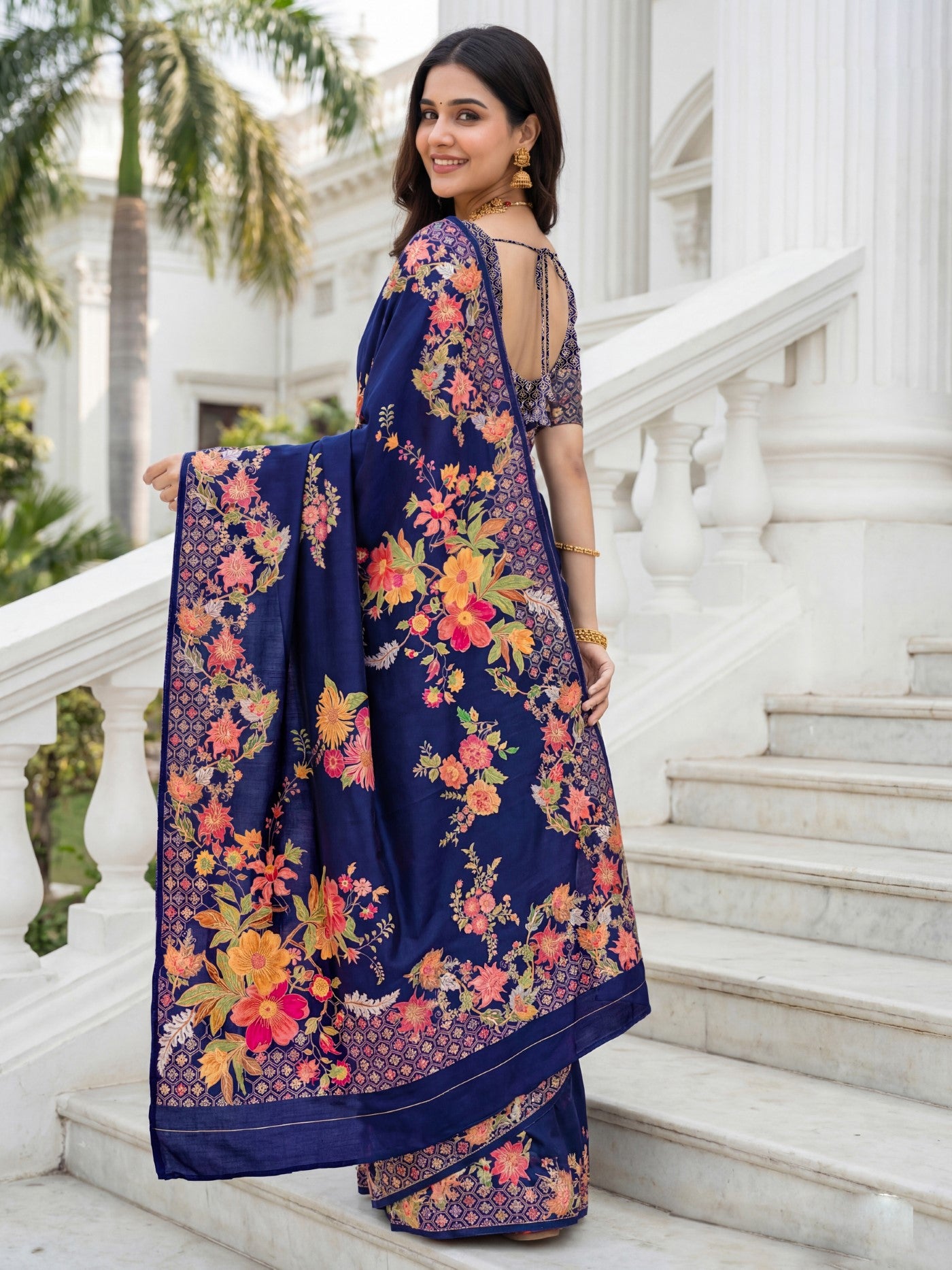 Royal Blue Premium Russian Silk Saree With Designer Floral Position Print