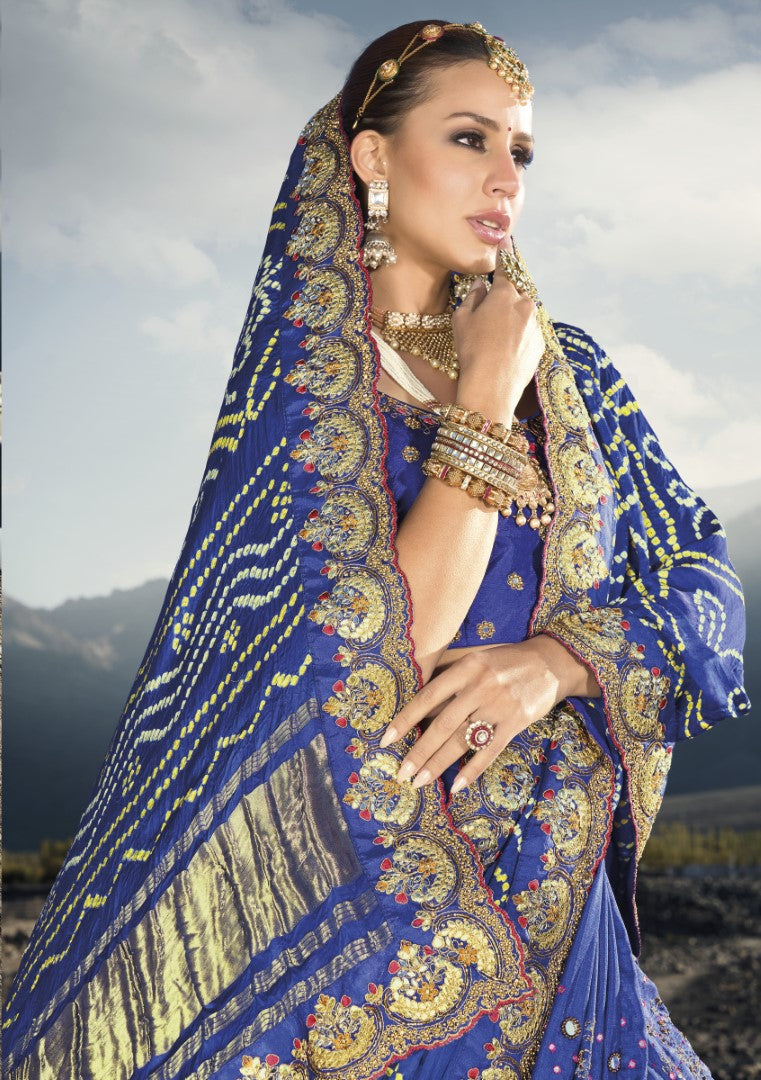 Royal Blue Pure Gajji Bandhej Satin Saree With Embroidred With Mirror, Moti and Cut Dana Work