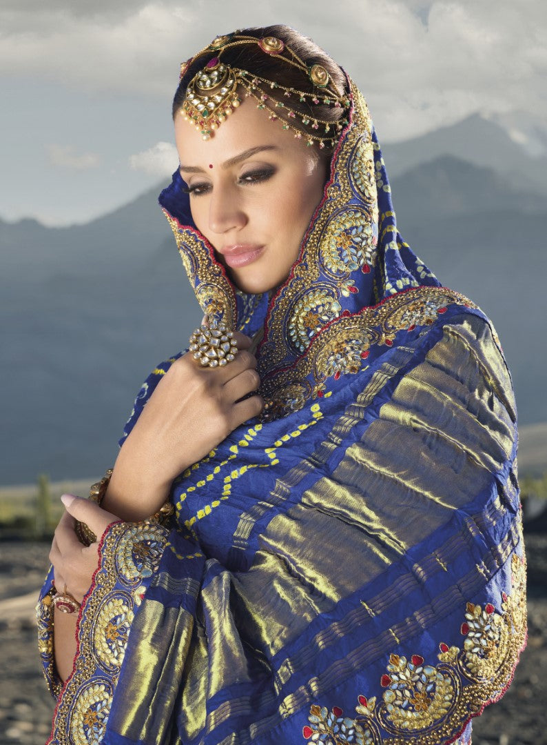 Royal Blue Pure Gajji Bandhej Satin Saree With Embroidred With Mirror, Moti and Cut Dana Work