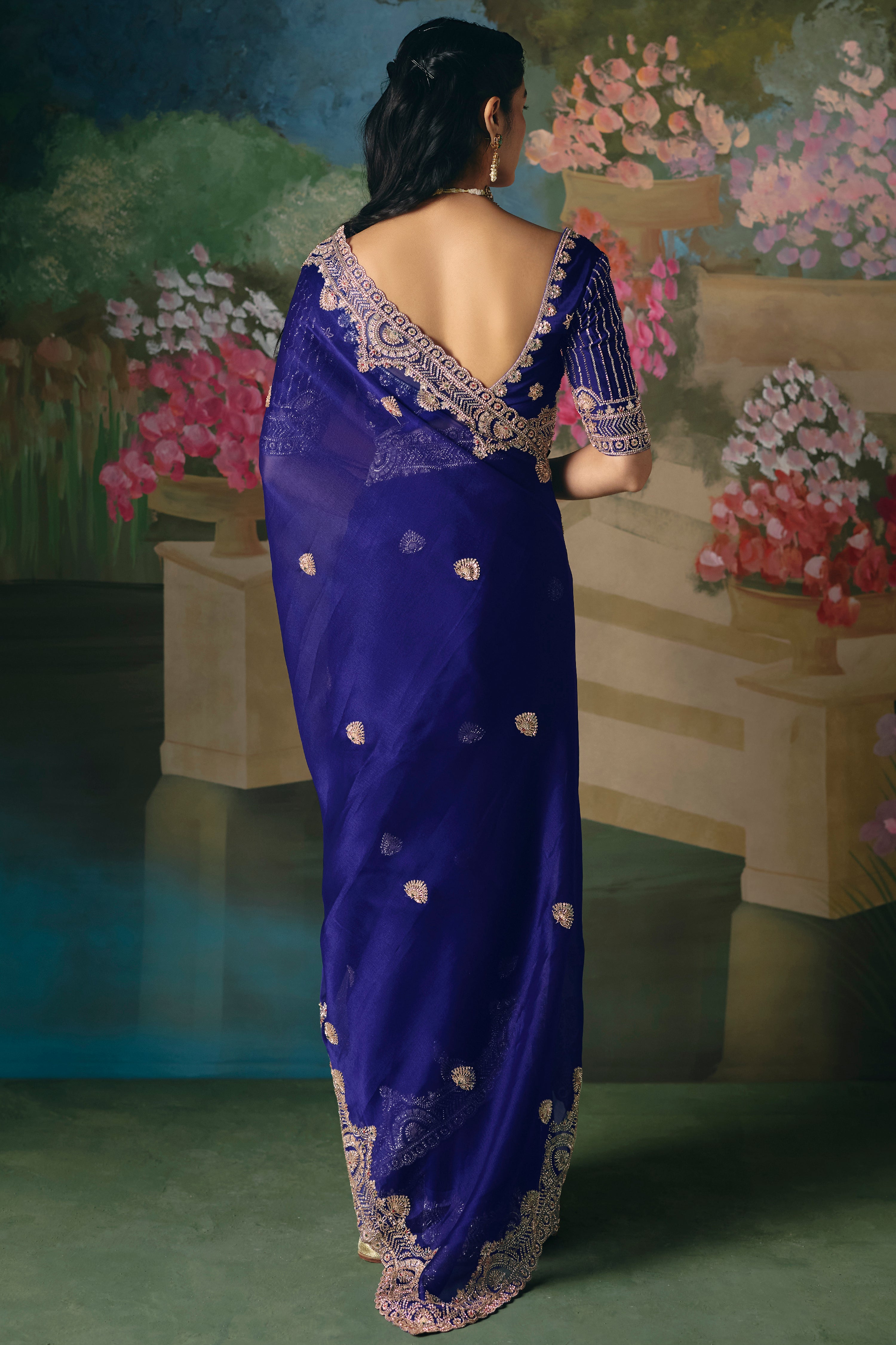 Royal Blue Saree With Heavy Designer Embroidery, Sequince, Stone, With Beads Work