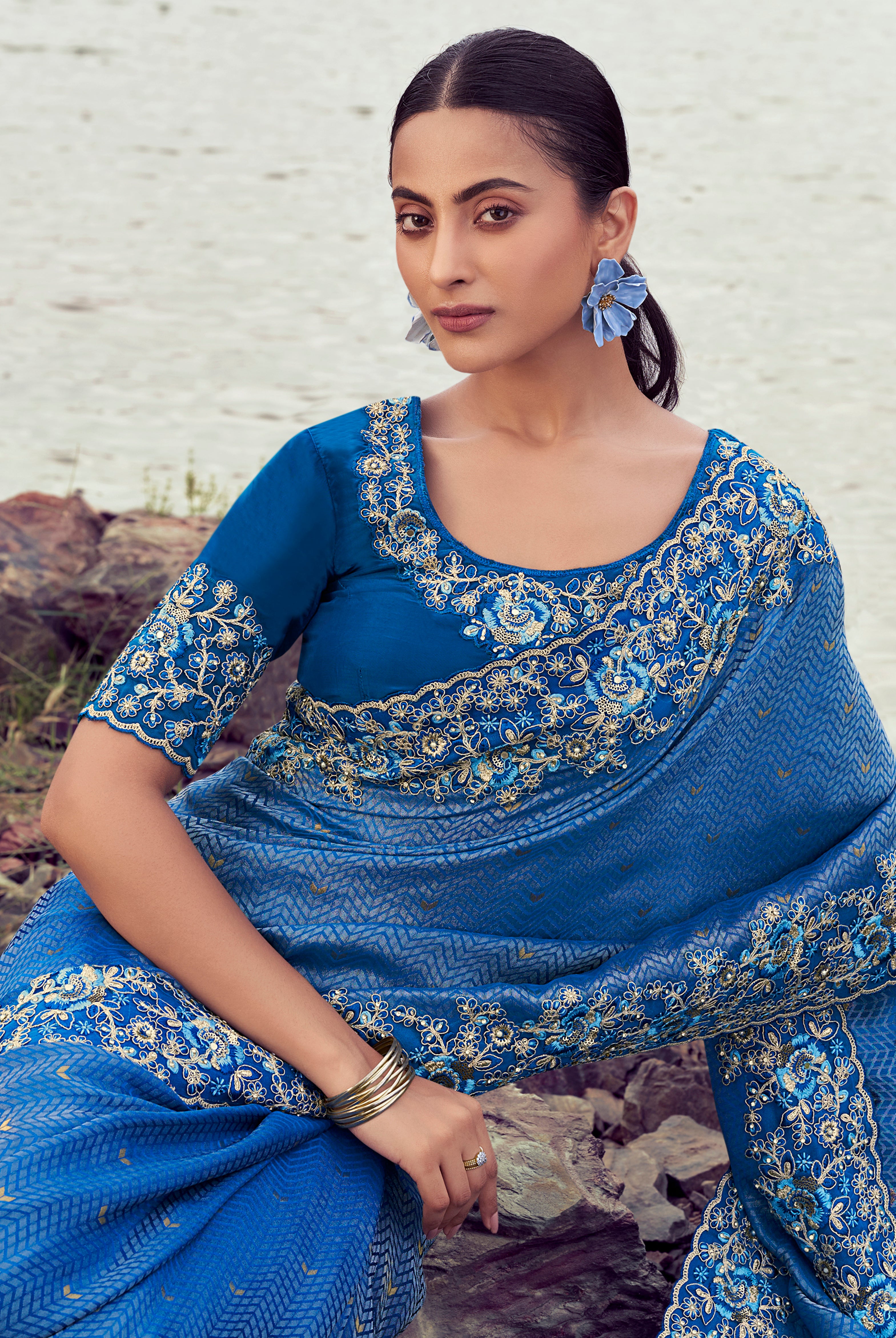 Royal Blue Saree With Jacquard Woven With Embroidered Border & Blouse