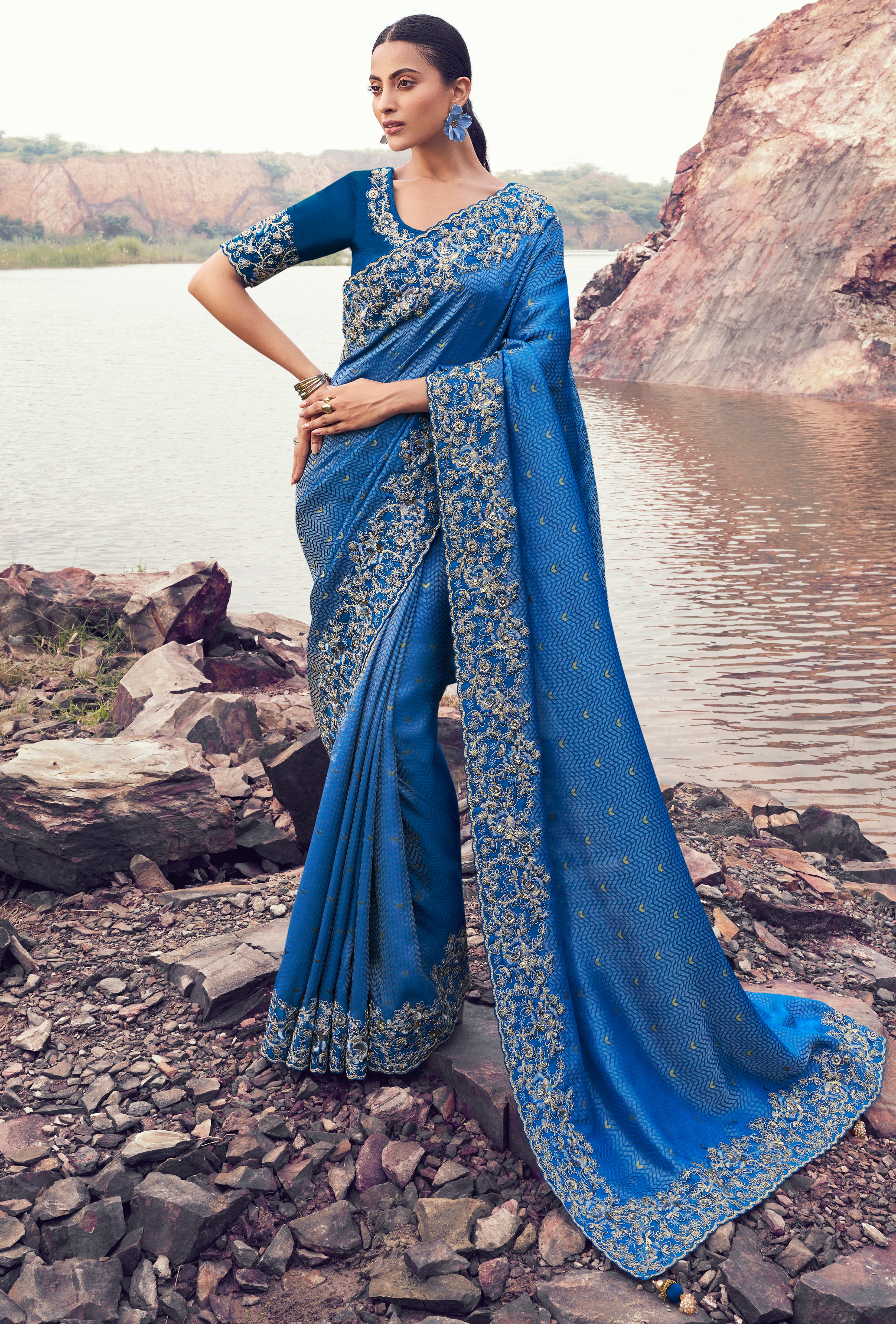 Royal Blue Saree With Jacquard Woven With Embroidered Border & Blouse