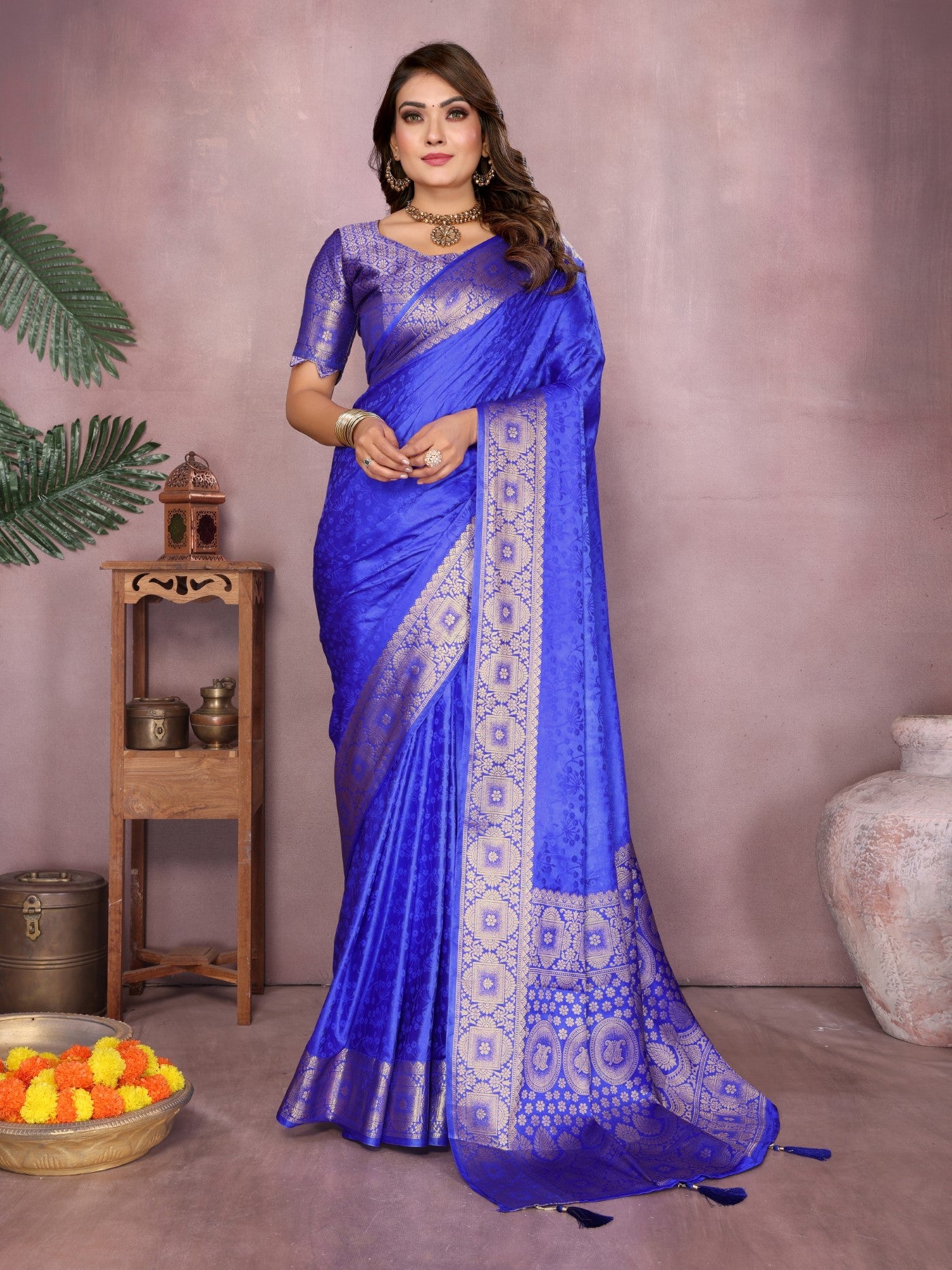 Royal Blue Soft Satin Silk Saree With Classic Zari Weaving