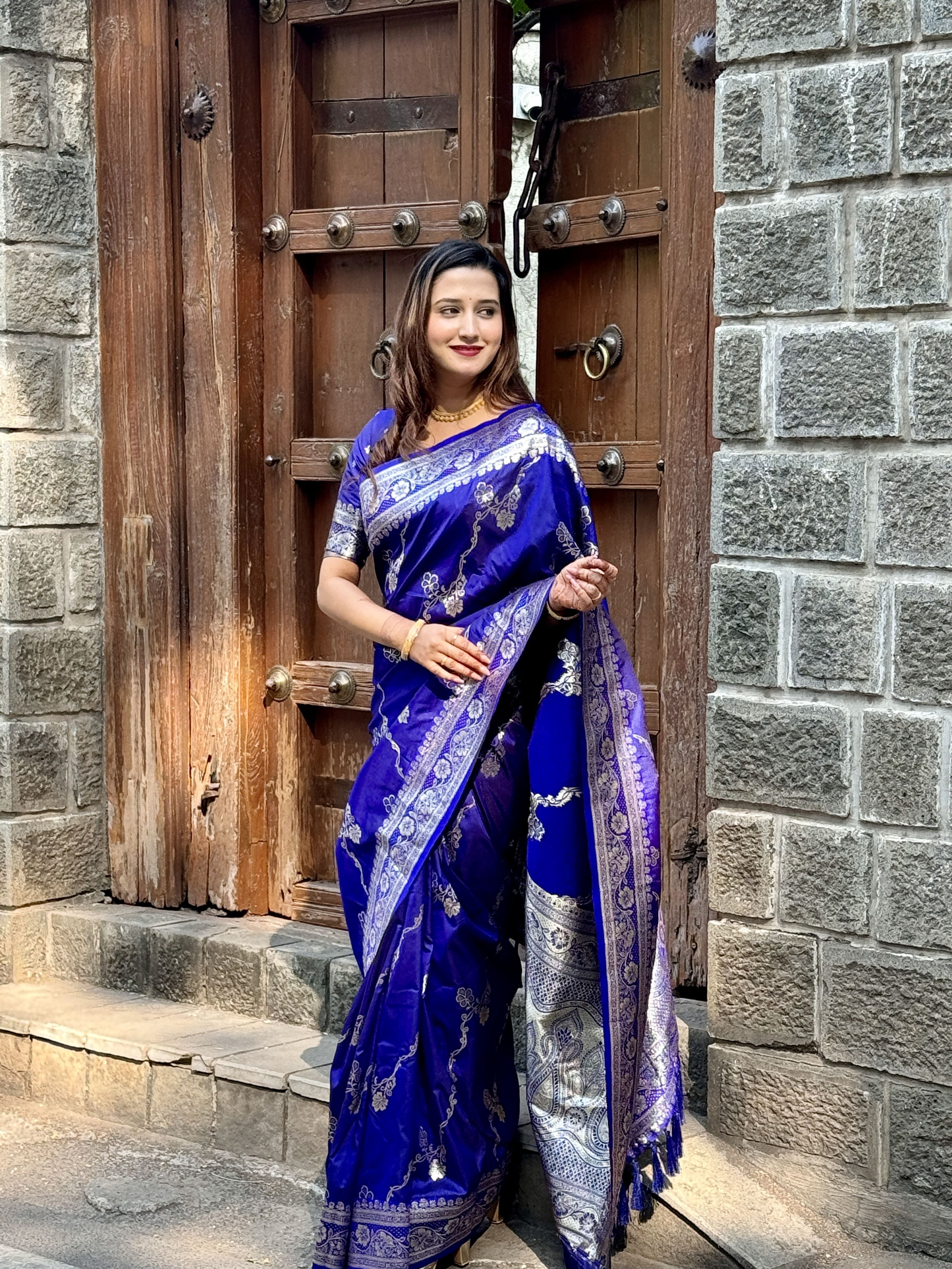 Royal Blue Woven Jacquard Jari Designer Banarasi Silk Festive Ceremonial Saree