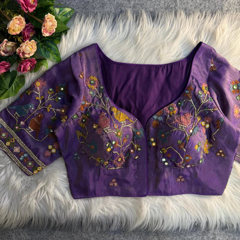 Royal Purple Bird Motif Mirror Work Blouse Cosmos Silk Designer Partywear