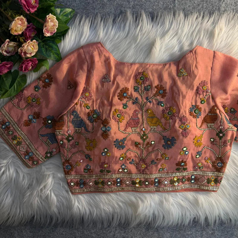 Royal Purple Bird Motif Mirror Work Blouse Cosmos Silk Designer Partywear